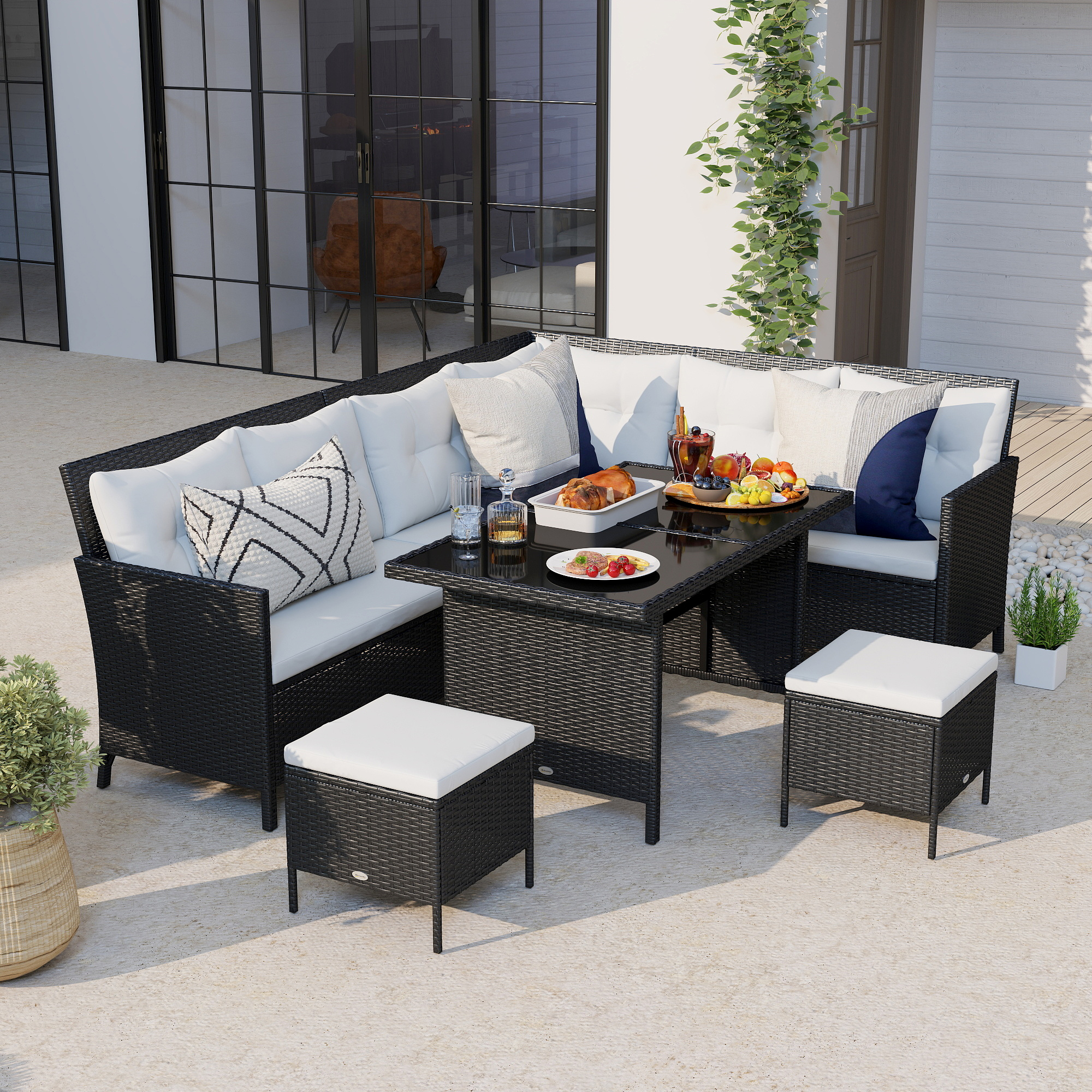 Outsunny 18-delige poly-rotan zitgroep bankstel tuinset fauteuil krukkenset