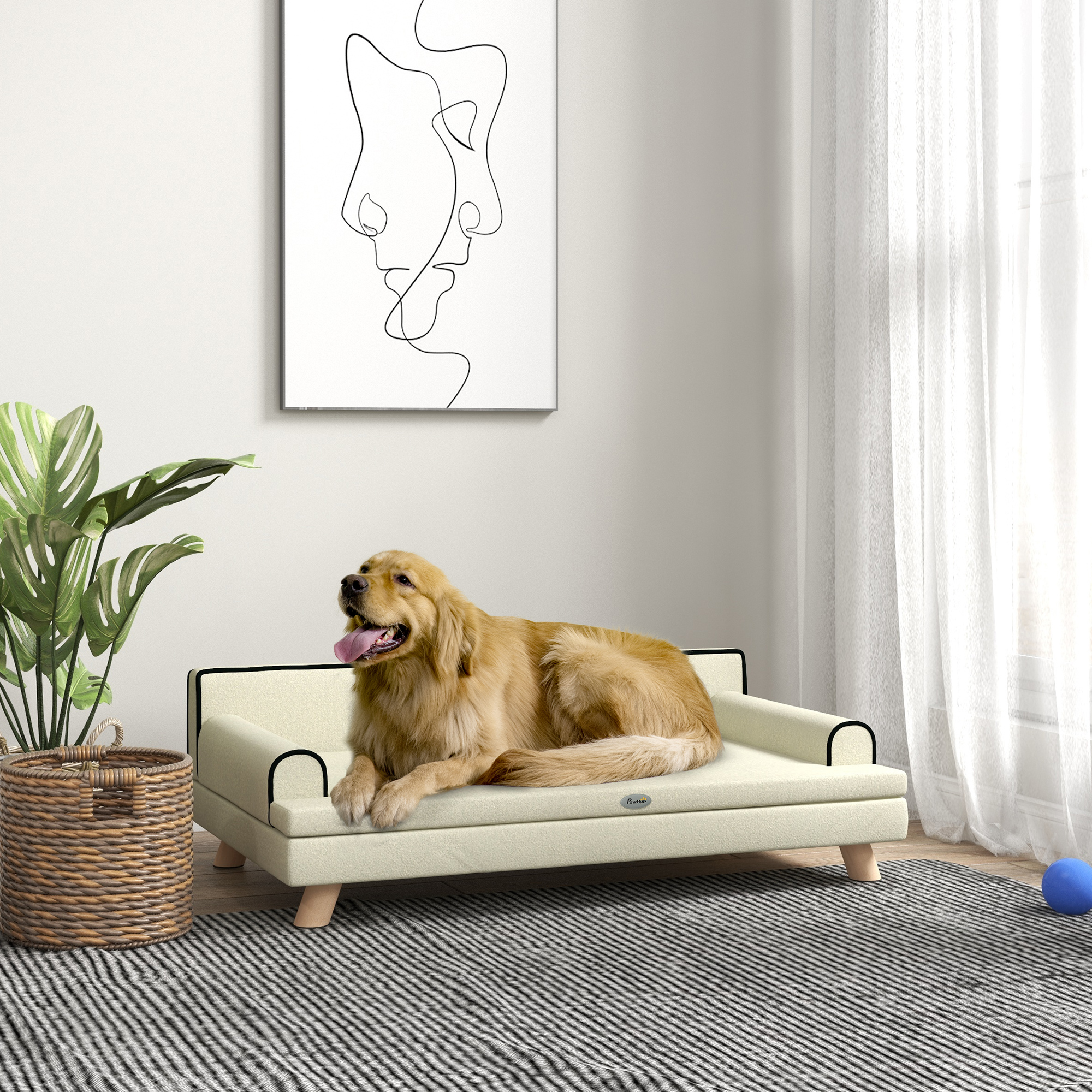 PawHut Skandinavisches Design-Sofabett für Hunde oder Katzen mit kuscheligem abnehmbarem Kissen und massiven Holzbeinen 100 x 62 x 32 cm beige