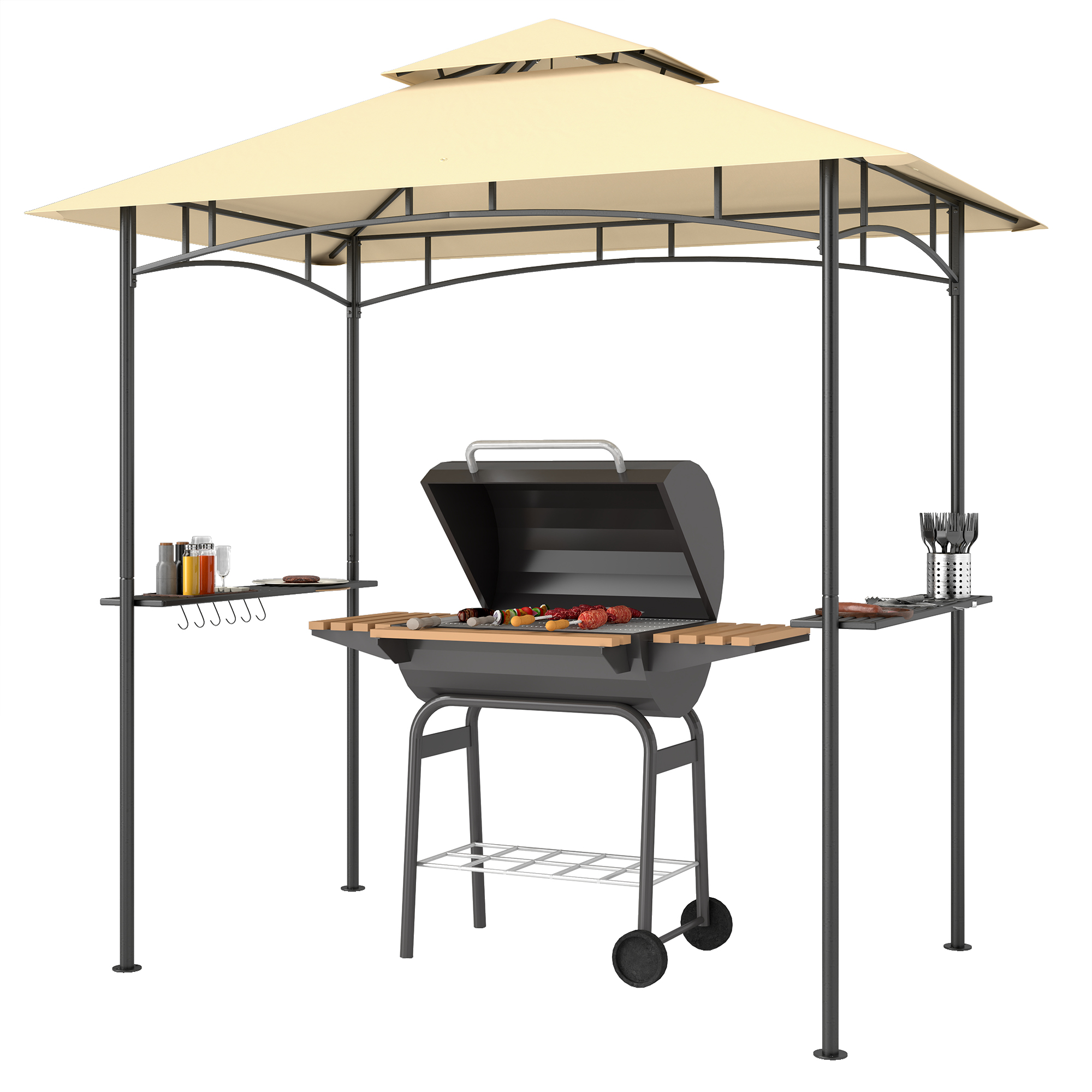 Outsunny Grillpavillon mit LED 240 x 150 x 258 cm wasserabweisend flammhemmend Gartenpavillon mit Doppelschichtdach