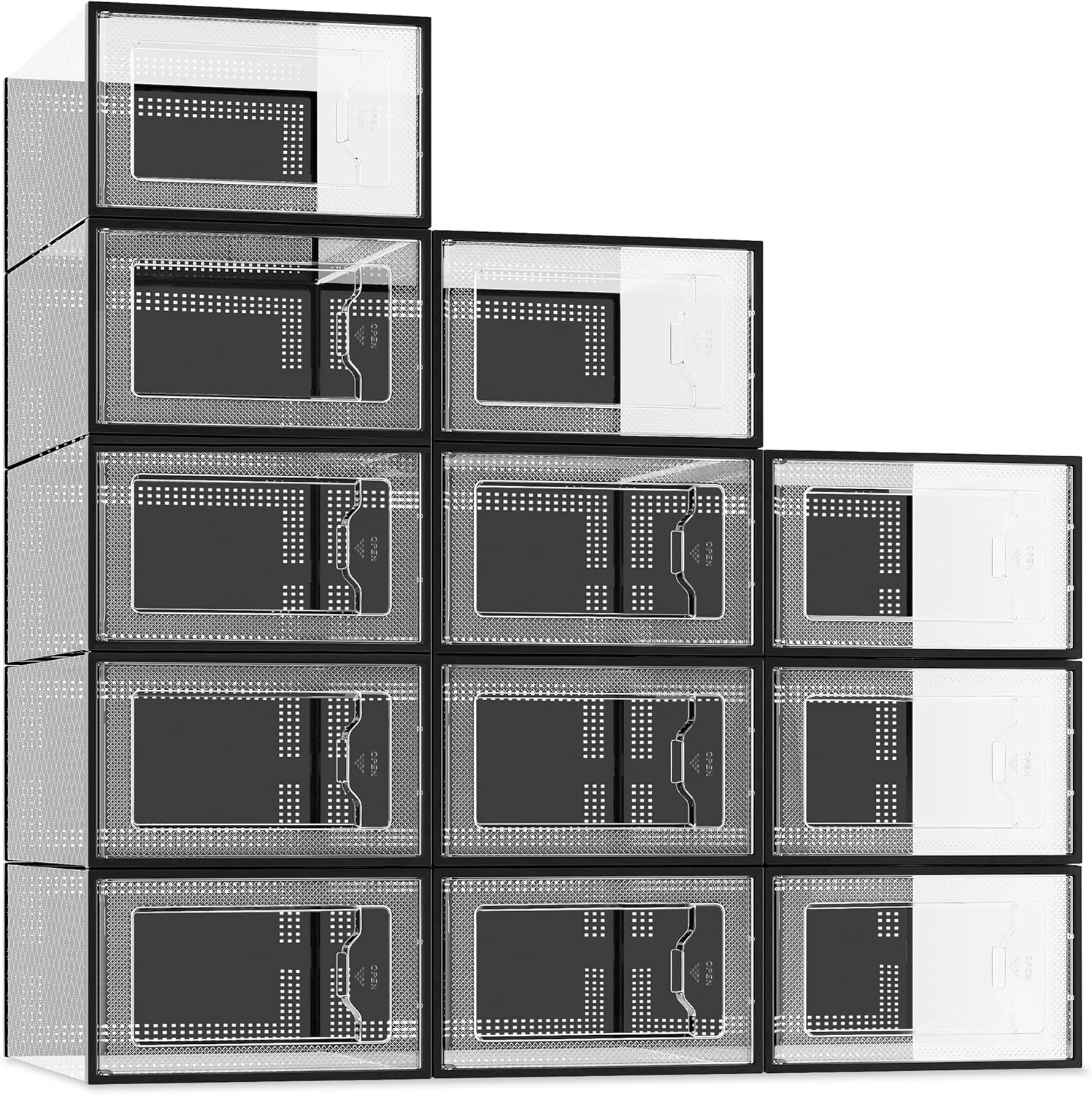 SEE SPRING 12 x Large Clear White Stackable Shoe Boxes in Crystalline Plastic with Lid, Compact Shoe Rack Visible Containers up to Size 44