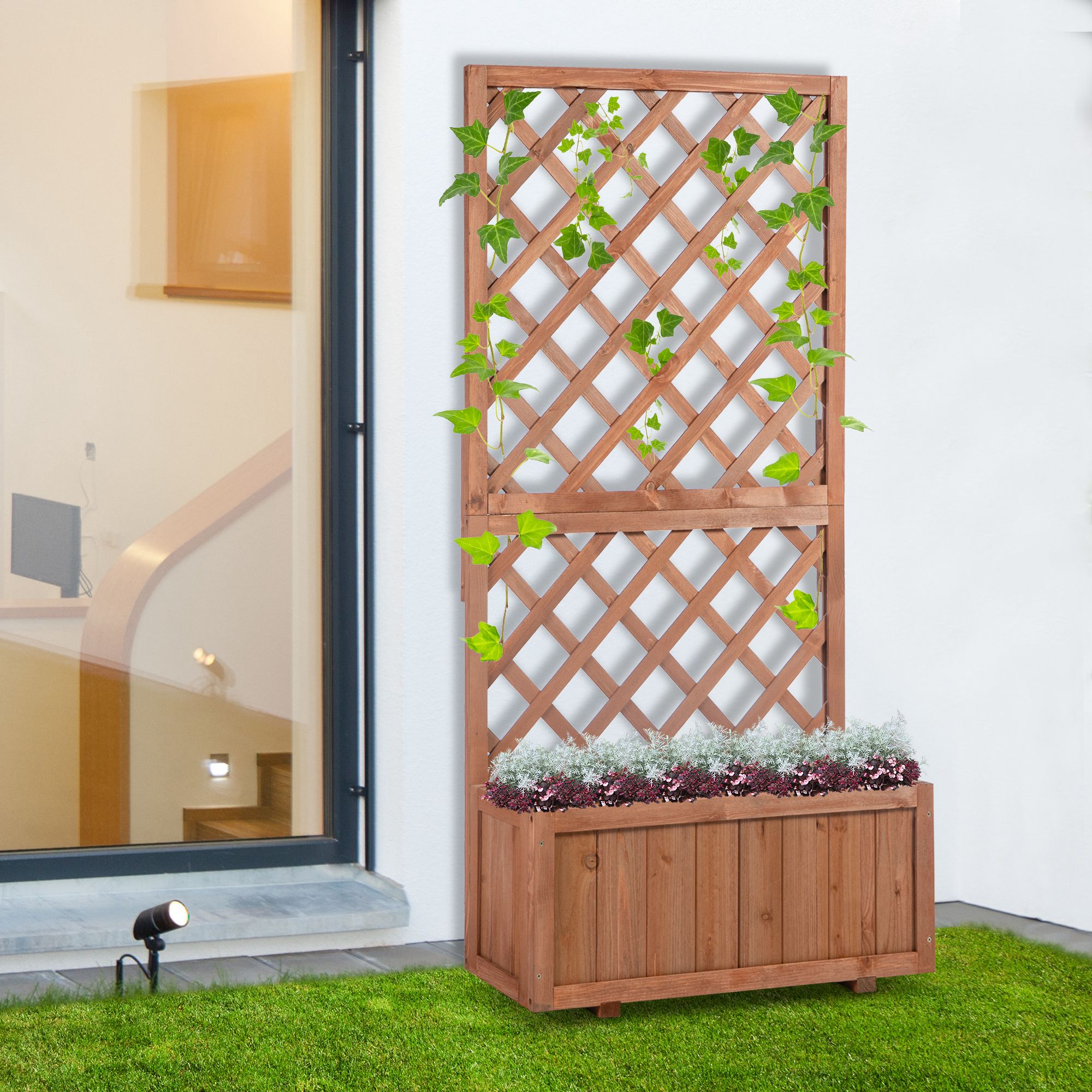 Outsunny Hochbeet Pflanzenkasten mit Rankgitter, Spalier Pflanzkübel, Blumenkasten Holz, 72,5x31,5x149,5cm für Garten Balkon Terasse, Blumenkübel für Kletterpflanzen, Blumen, Orange