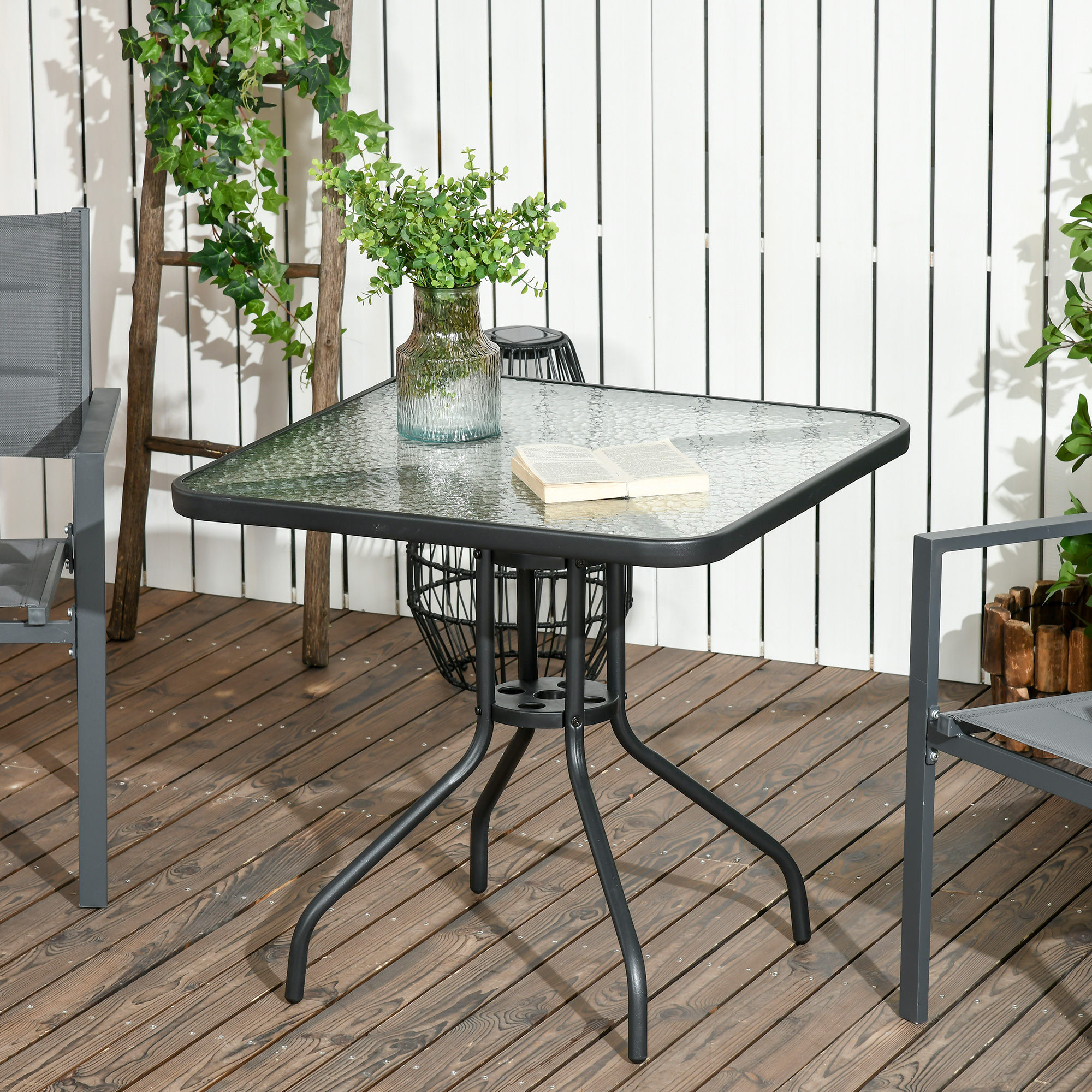 Outsunny Gartentisch Abnehmbar Metall 76x76 cm Wetterfest Balkontisch mit Schirmloch, rutschfest Schwarz