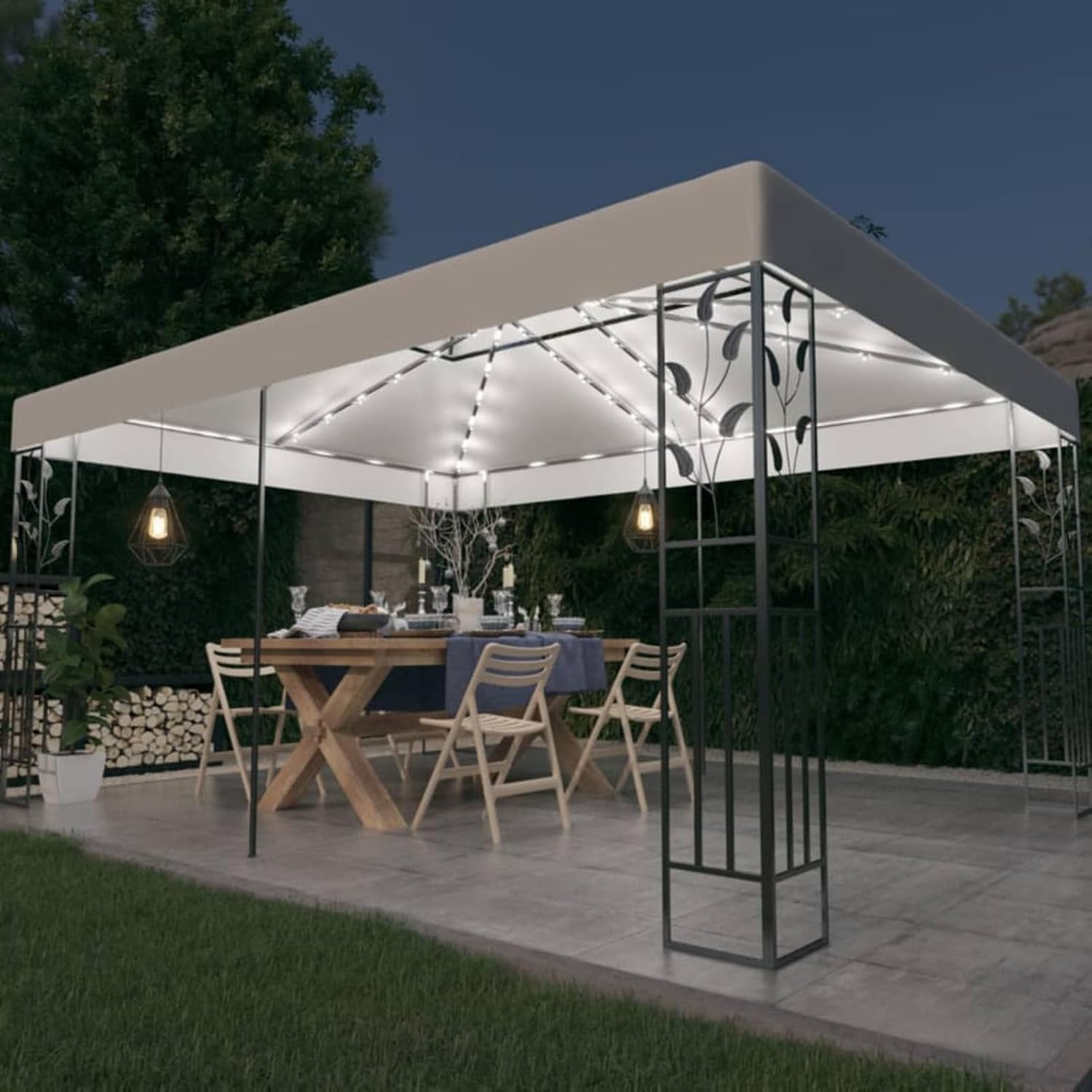 ARKEM Gazebo with Double Roof and String of LED Lights 3 x 4 m White, Pergola Gazebo with Waterproof Folding Tarpaulin and Rectangular Structure in High Density Stainless Steel, for Garden Furniture