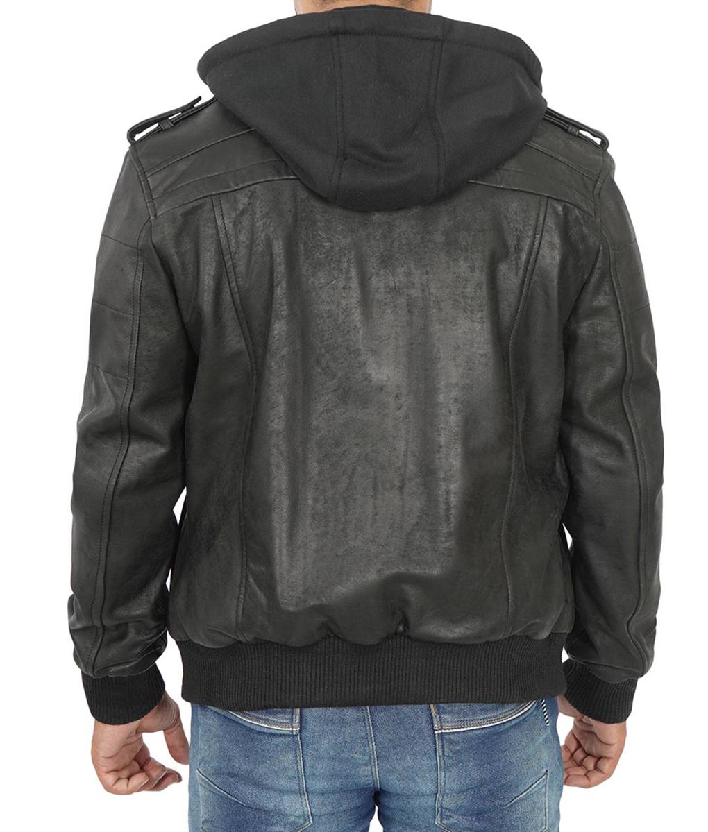 Mens Black Leather Jacket With Removable Hood