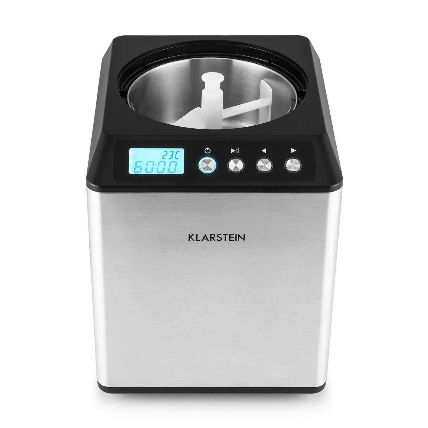 Klarstein Vanilla Sky - macchina per gelato, preparatore di gelato, gelatiera, funzione di mantenimento freddo, display LED, timer, acciaio inox, facile da pulire, 180 watt, capacità 2 litri, colore argento
