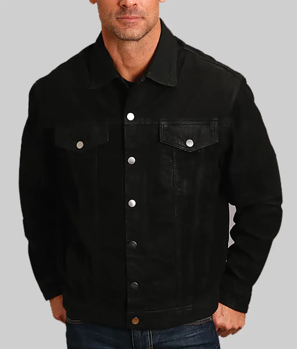 Trent Distressed Black Leather Trucker Jacket