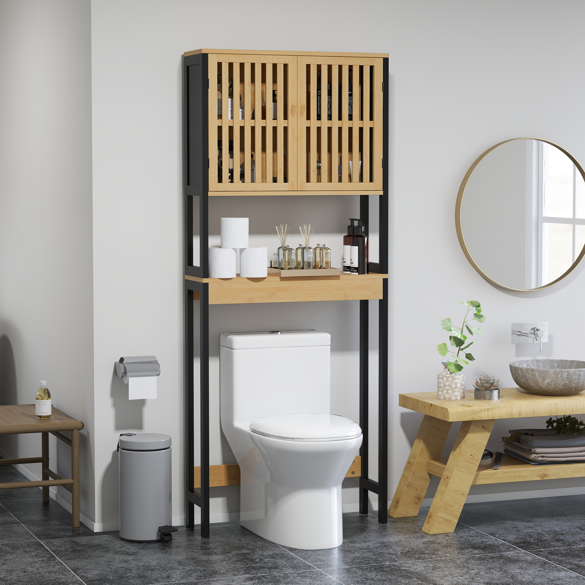 HOMCOM Toilettenregal Badezimmer über Toilette WC mit Schrank 2 Türen und offenem Regal Bambus