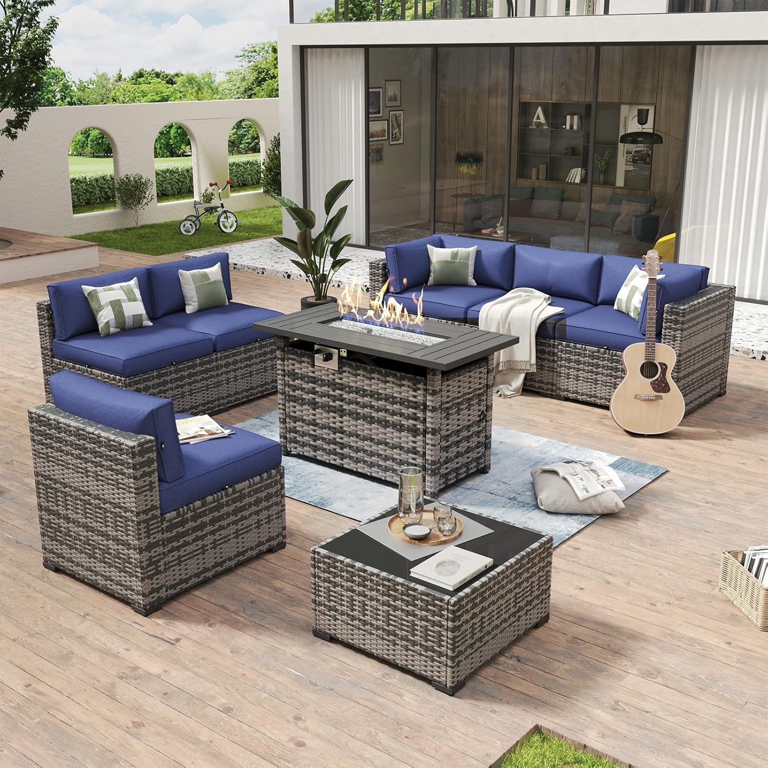 Aoxun 8 Piece Patio Furniture Set with 44�?Fire Pit Table Wicker Rattan Outdoor Sectional Sofa Set with Coffee Table and Thickened Cushions, Beige (Waterproof Cover Included)
