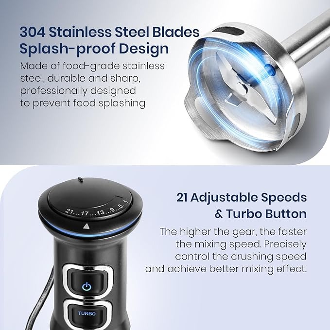 1500W Frullatore a Immersione, Kolohoso 4 in 1 Minipimer in Acciaio Inox, Multifunzione Mixer Immersione 21 Velocità Regolabili, Frullatore con Frusta, 800ml Misurino un 600ml Tritatutto, senza BPA