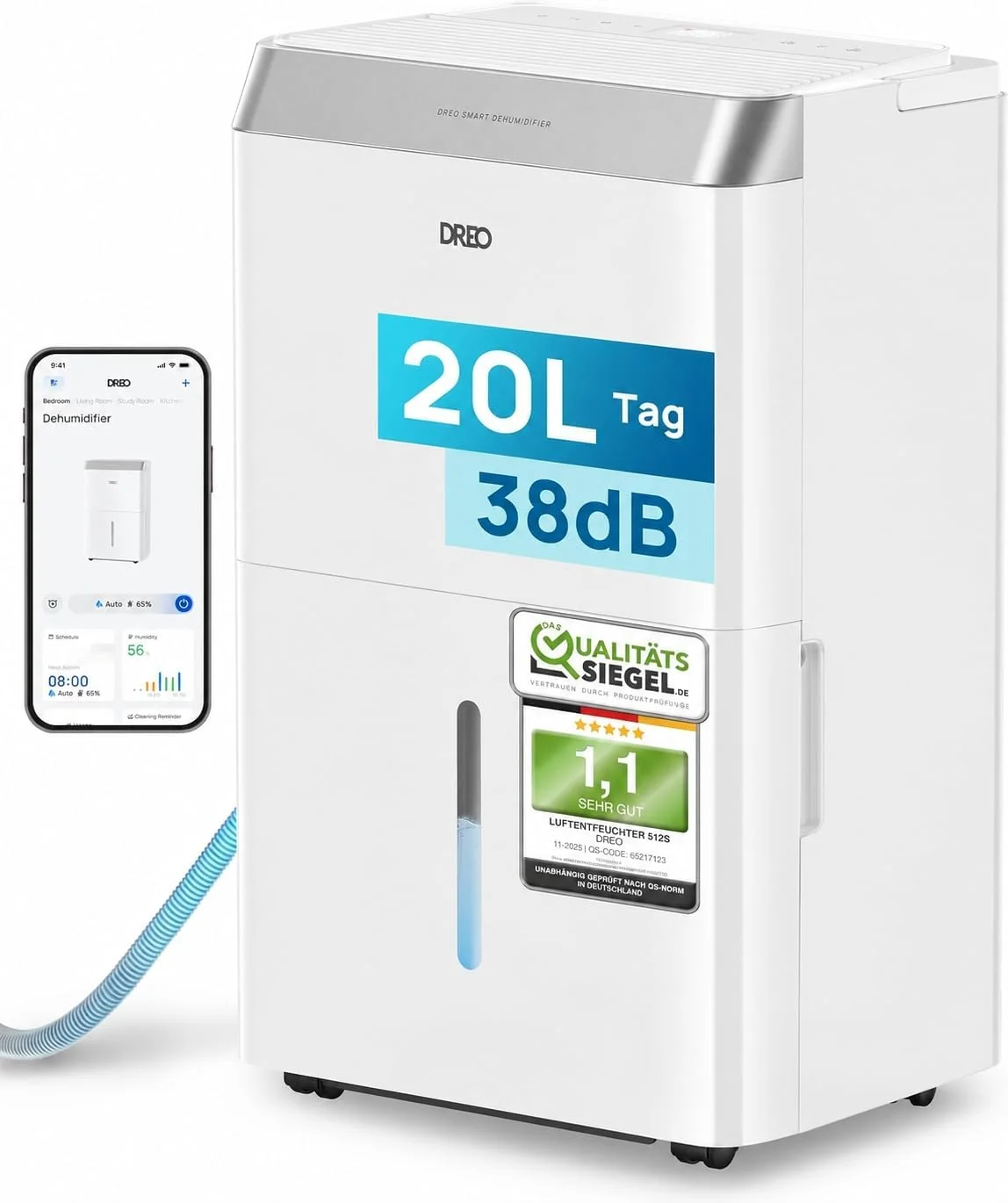Dreo Luftentfeuchter elektrisch, 20L/24h, Raumentfeuchter leise 35dB, 3,4L Tank, für Schlafzimmer & Bad & Keller, App & WLAN, 40m²/100m³, 3 Modi