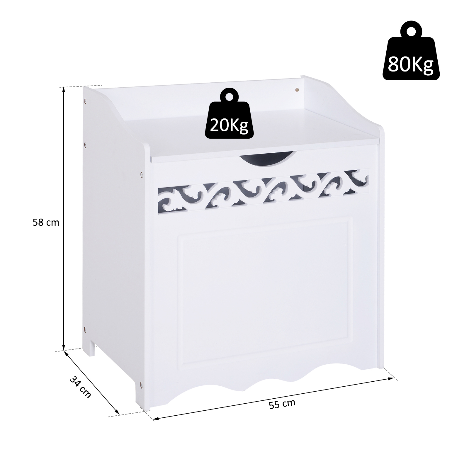 HOMCOM® Badschrank Wäschekorb Truhe Kiste Aufbewahrungsbox mit Deckel MDF Weiß 55 x 34 x 58 cm