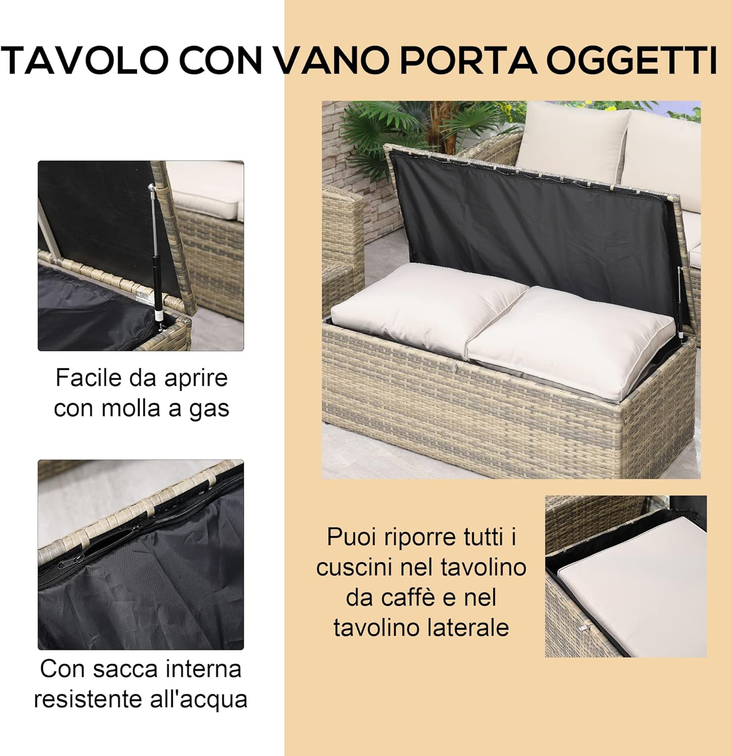 Outsunny Set Mobili da Giardino 6 Pezzi in Rattan, Salotto da Giardino con 2 Tavolini Contenitore, Divani e 2 Poltrone Imbottiti per 7 Persone, Beige