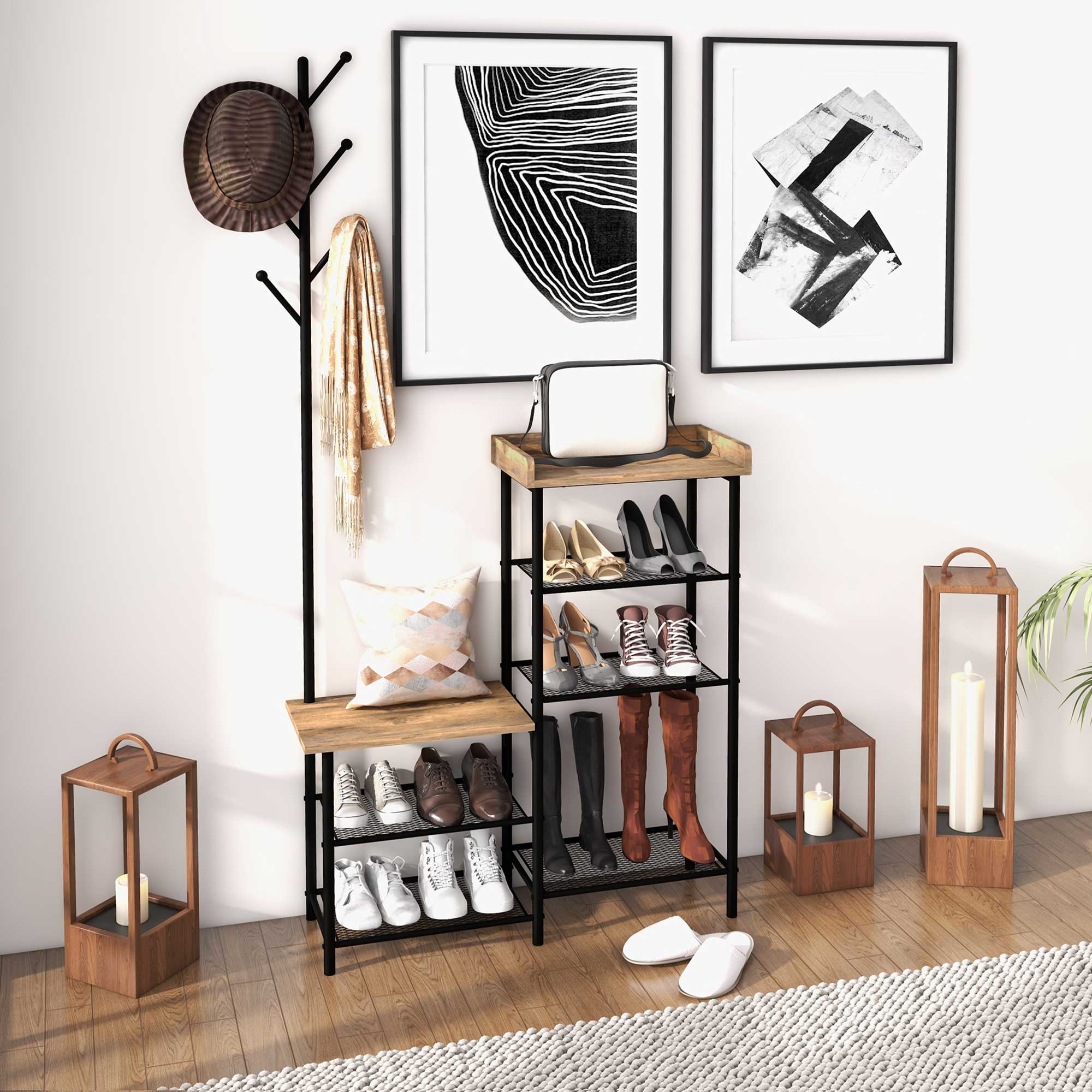 HOMCOM Garderobenständer Eingangsmöbel 2-in-1 Industriedesign mit Haken und Schuhregalen aus Stahl 92,5 x 28,2 x 182 cm Schwarz
