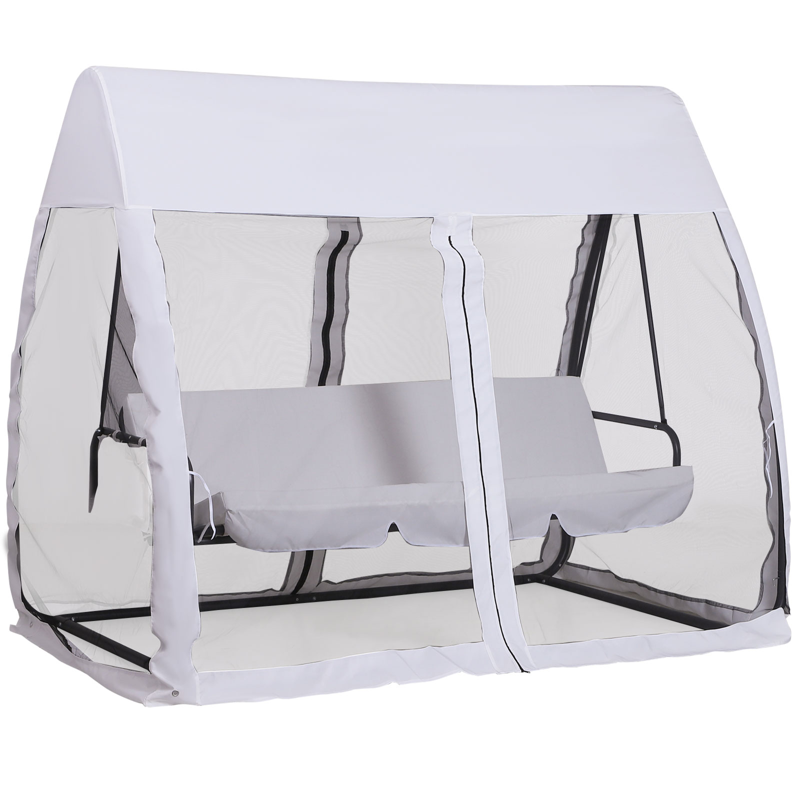 Outsunny Gartensofa Convertible 3-Sitzer Hochkomfort: Sitz- und Rückenmatratzen, zippbares integrales Moskitonetz mit Dach, Seitentasche, Metallrahmen Epoxid Polyester Weiß