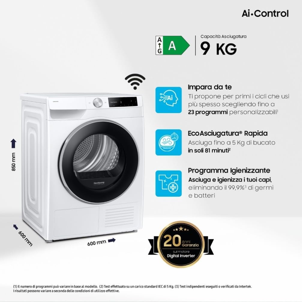 Asciugatrice AI Control DV90DG6845LE/U3, 9 kg, Pompa di Calore, Wifi, AI Dry+, Air Wash, Tecnologia Optimal Dry, Carica Frontale, 60L x 85H x 60P cm