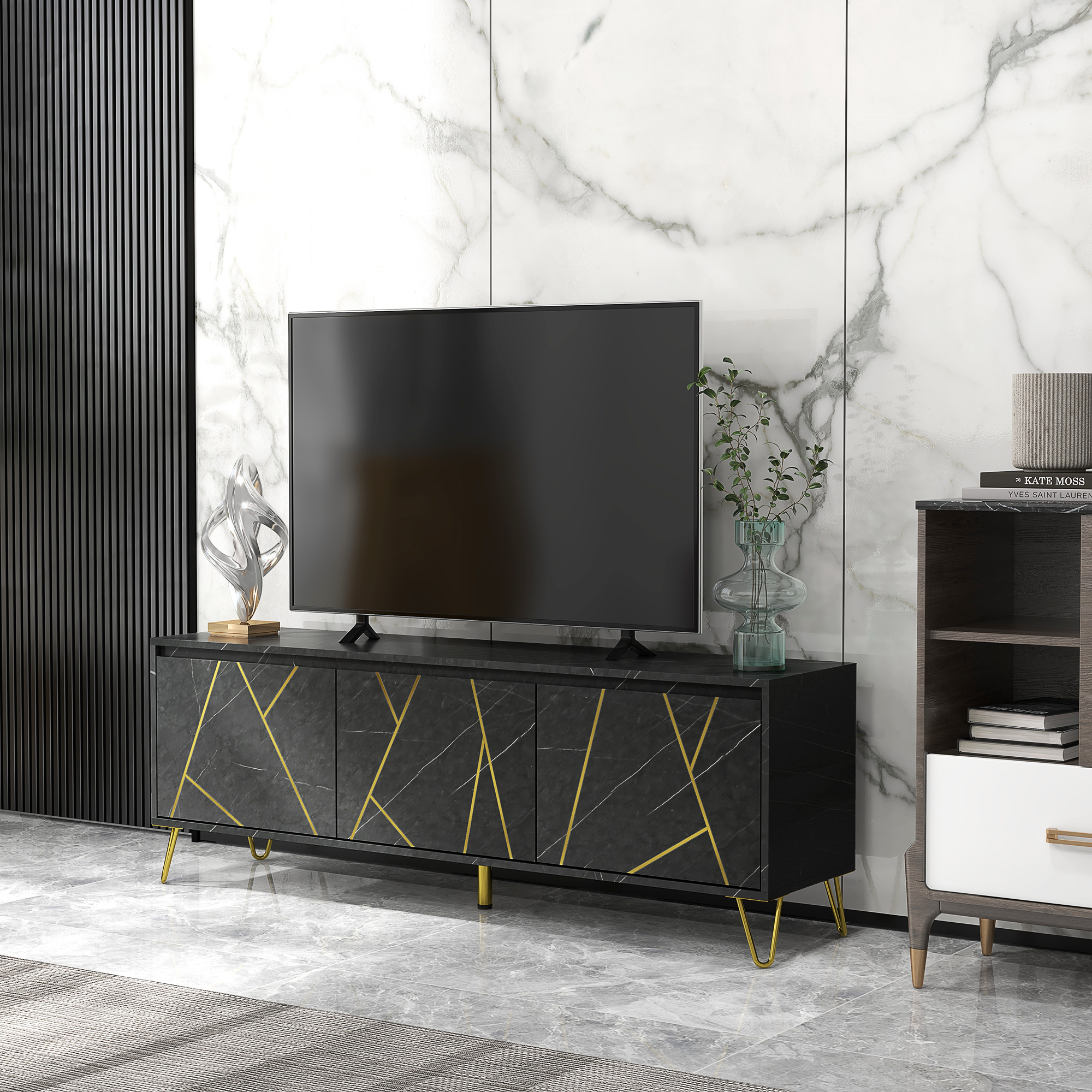 HOMCOM TV-Möbel TV-Bank bis zu 65 Zoll Länge 147 cm marmorierte Effektstruktur 2 Schränke 3 Türen mit Dämpfung verstellbare Regale Kabeldurchführung Belastbarkeit 100 kg - 147 x 35 x 52 cm - Metallbeine