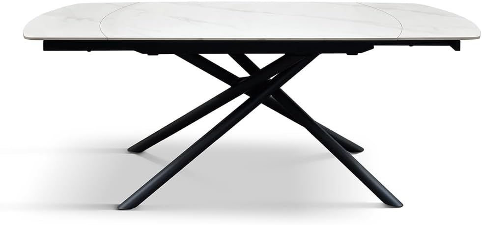tavolo allungabile girevole Achille, piano in ceramica bianca statuario, gambe in metallo nero, 120 x 88 x 76 cm - id_2206