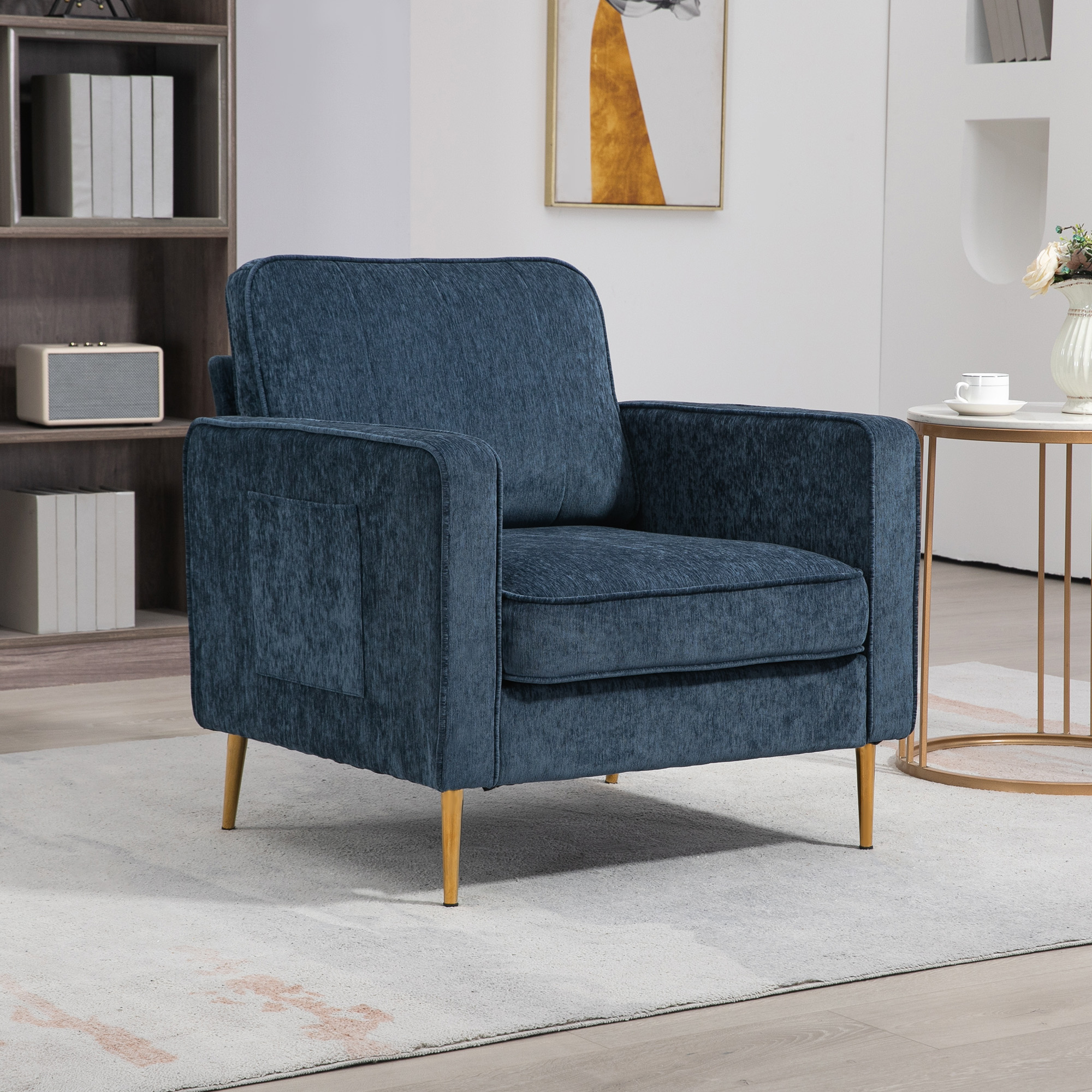 HOMCOM Stoffsessel mit goldenen Stahlbeinen, hoher Komfort, seitliche Taschen, für Wohnzimmer, Büro, Schlafzimmer, Blau