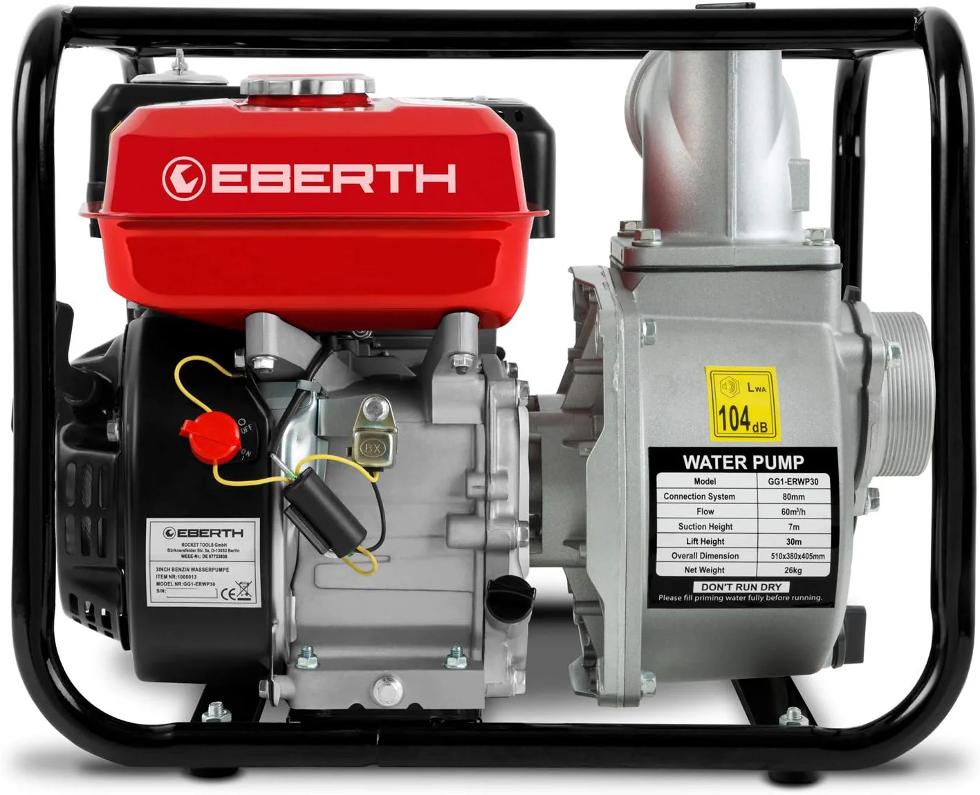 EBERTH 5,5 PK waterpomp met 30.000 l/u en 30 m opvoerhoogte, 2 inch aansluiting, tuin-/vuilwaterpomp met 4-taktmotor en 7 m aanzuighoogte, benzinepomp, trekstarter, metalen voet, handvat