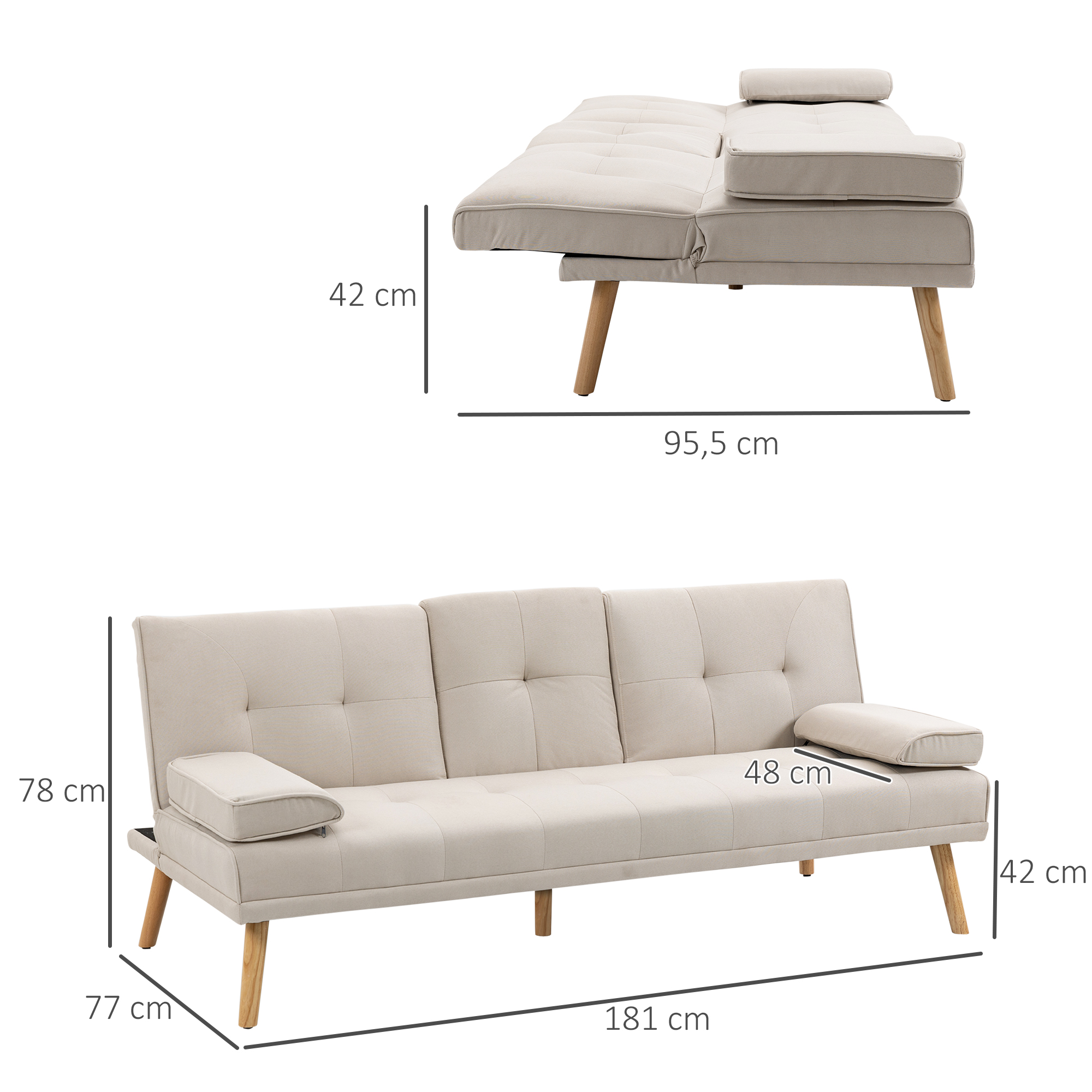HOMCOM Slaapbank 3-zits, verstelbare rugleuning met inklaptafel, twee armkussens, linnenlook, beige, 181 x 77 x 78 cm