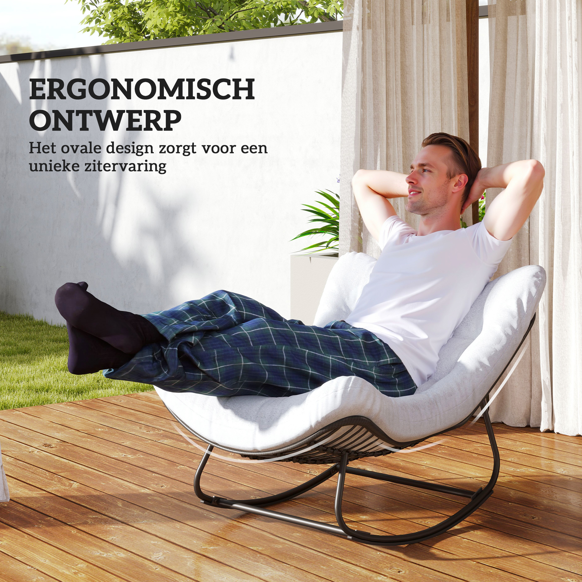 Rattan Schommelstoel Tuinbank met Stalen Frame en Kussen Schommelbank 98 x 111 x 74 cm Grijs