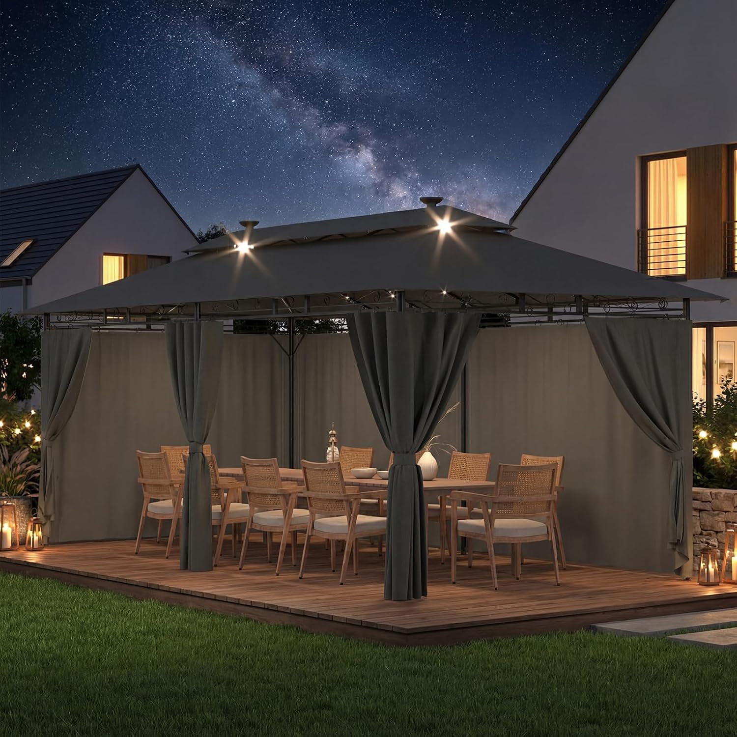 Devoko Pavillon, Grau, Garden 3x6 Wasserdicht Stabil Winterfest Deluxe Gazebo, UV-Schutz 50+ Doppellagiges Gril s mit seitenwänden