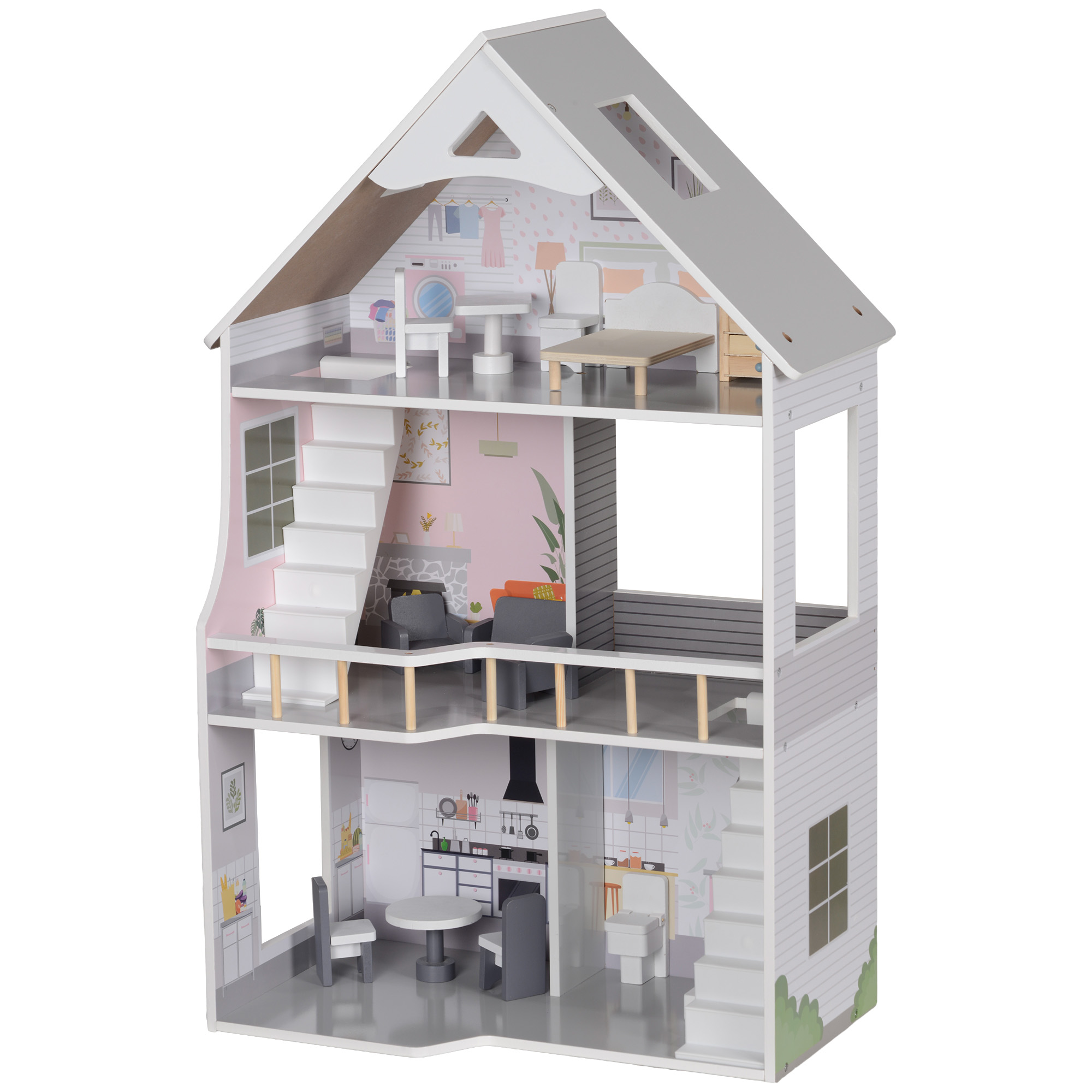 AIYAPLAY Puppenhaus aus Holz mit 13 Möbelstücken und Zubehör, 3-stöckiges Spielhaus für Kinder im Alter von 3-6 Jahren
