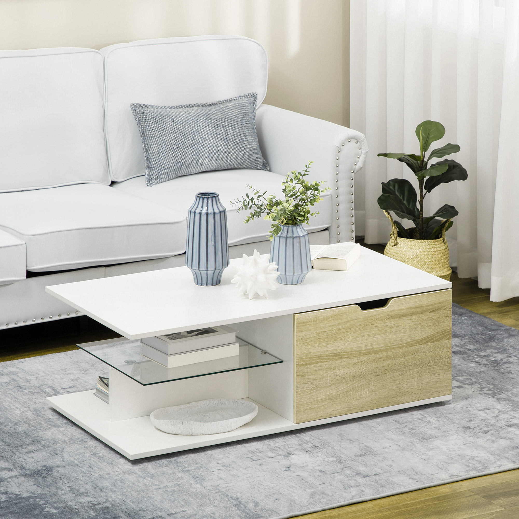 HOMCOM Rechteckiger Couchtisch im zeitgenössischen Design 2 Schubladen 2 Fächer gehärtetes Glas Regal Spanplatten weiß Eiche-Holzoptik