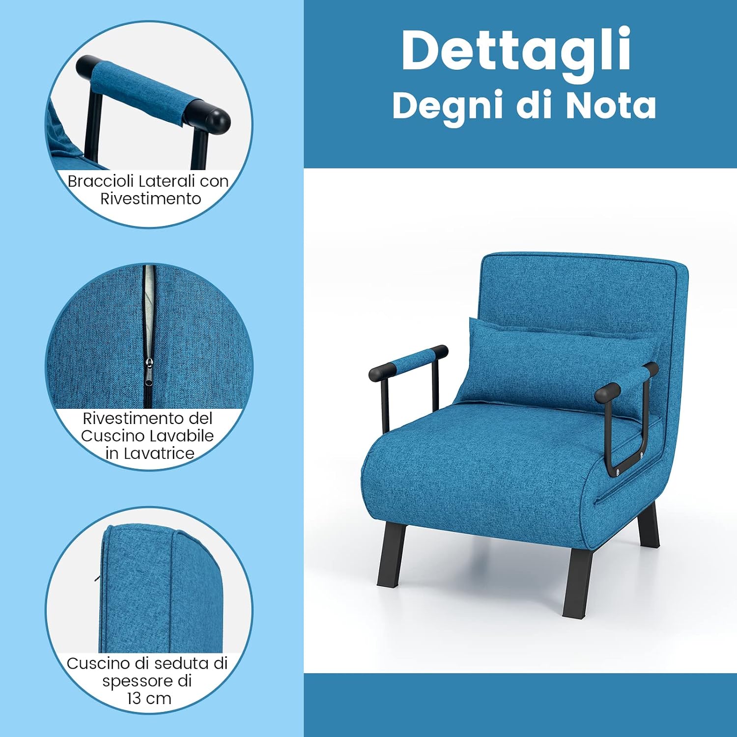 COSTWAY Poltrona Letto, 4 in 1 Poltroncina Pieghevole con Schienale Regolabile in 6 Posizioni, Sedile Imbottito Robusto, Divano Letto Singolo per Casa Ufficio, 79x65x79 cm (Blu)