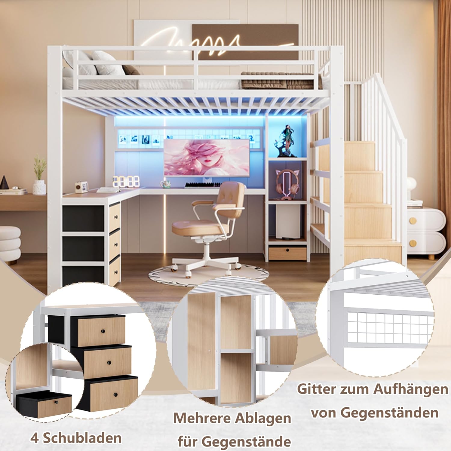 Soweiz Letto a soppalco con scrivania, telaio in ferro, 4 cassetti, griglia per appendere oggetti, con striscia luminosa a LED, scala di stoccaggio, senza materasso (bianco, 140 x 200 cm)