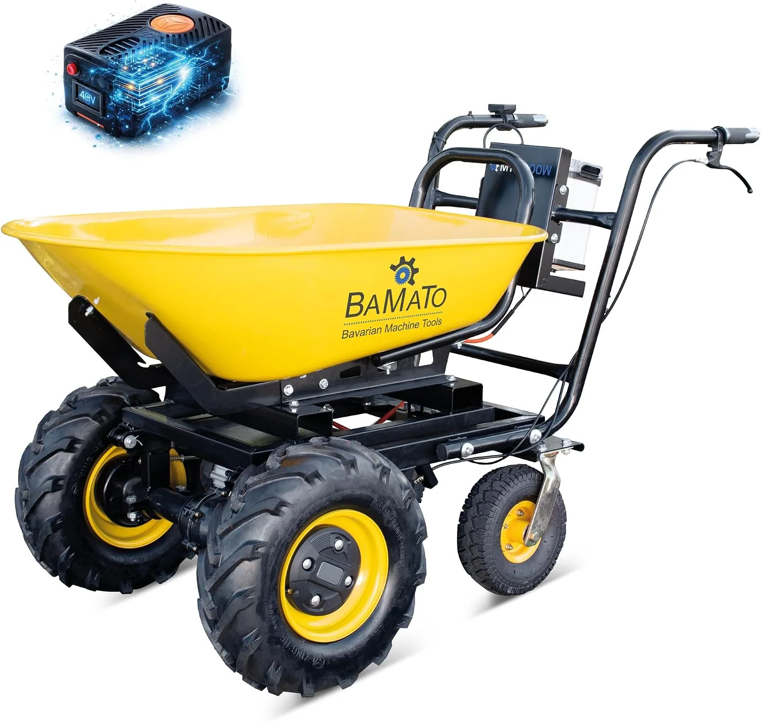 BAMATO Elektroschubkarre, 100 Liter, 300 kg, 300 W, 400 W, Gelb/Schwarz, Elektrische Schubkarre MTR-, Elektroantrieb