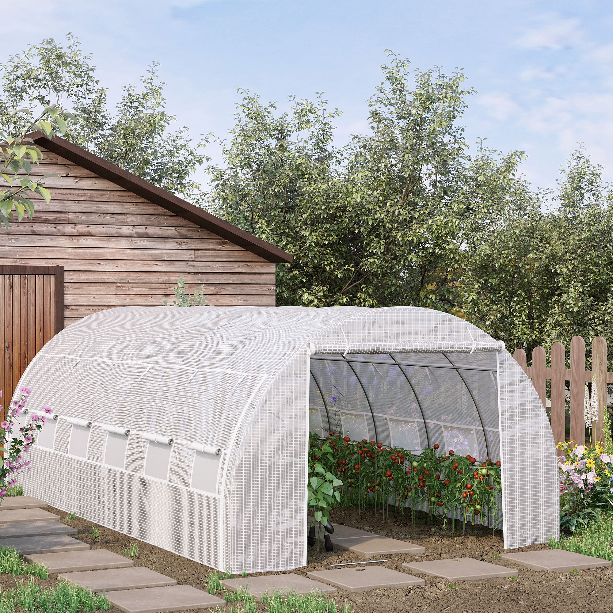 Outsunny Garten Gewächshaus 18 m² 6L x 3B x 2H m mit Tür + rollbaren Seitenwänden mit Reißverschluss, 12 Fenstern, verzinktem Stahl PE Hochdichtem 140 g/m² Anti-UV Weiß