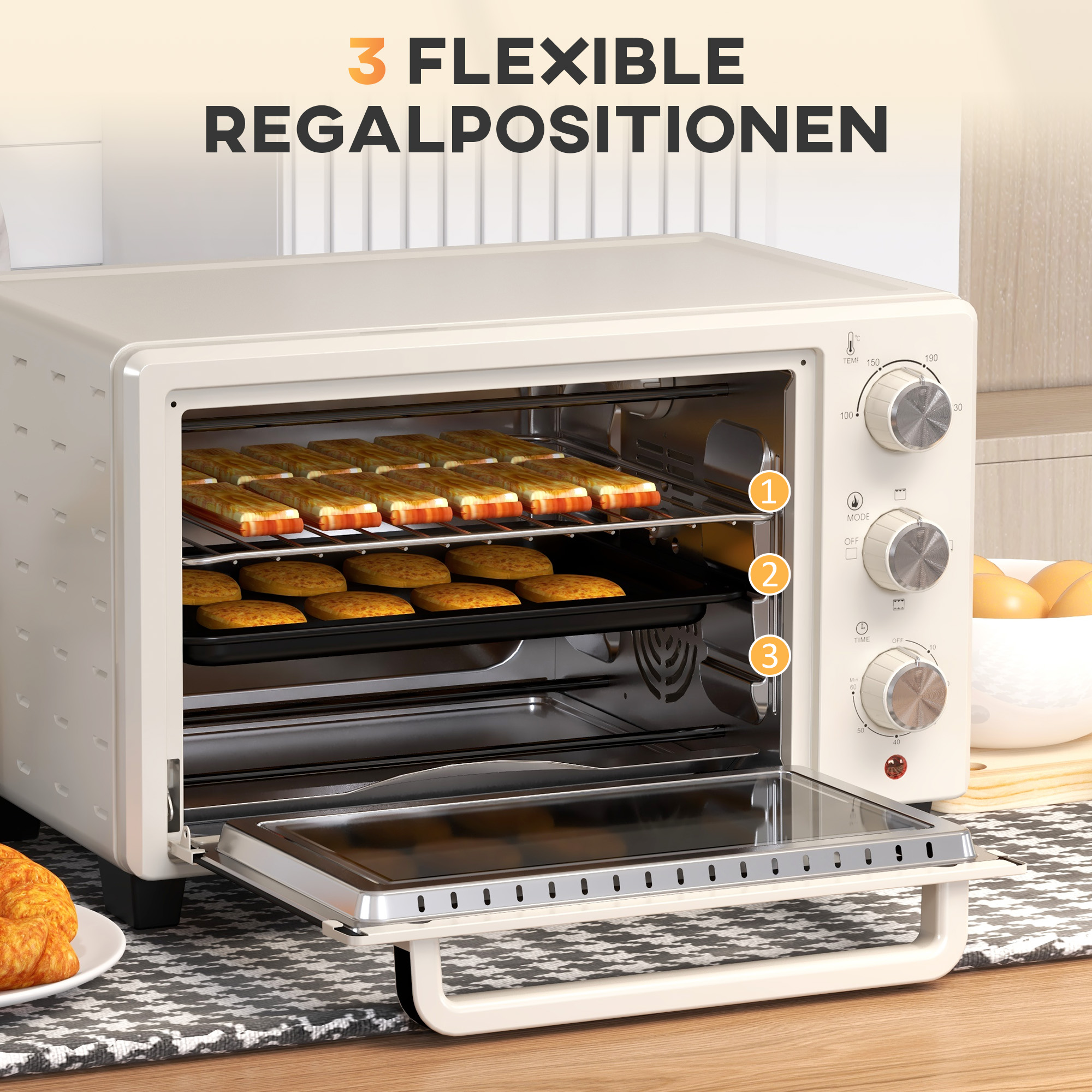 Minioven, 3 Kookmodi, tot 230�� C, 1400W, met Accessoires, 46x38,5x29cm, Cr��me