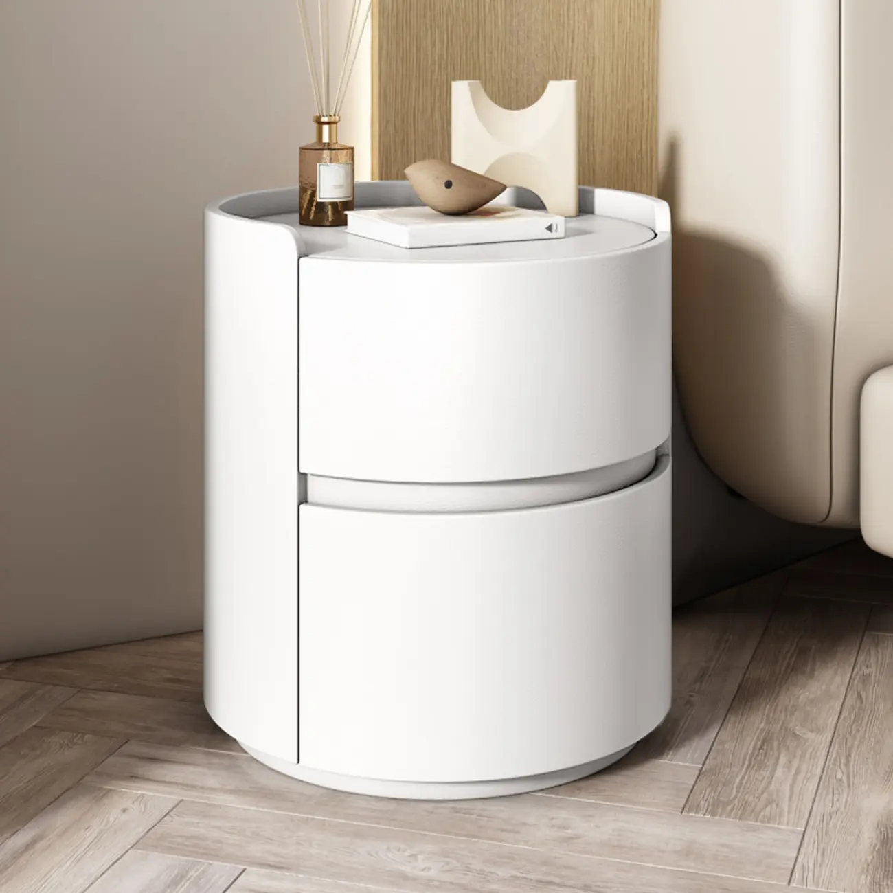 Modern Leather Tray Round 2-Drawer Nightstand