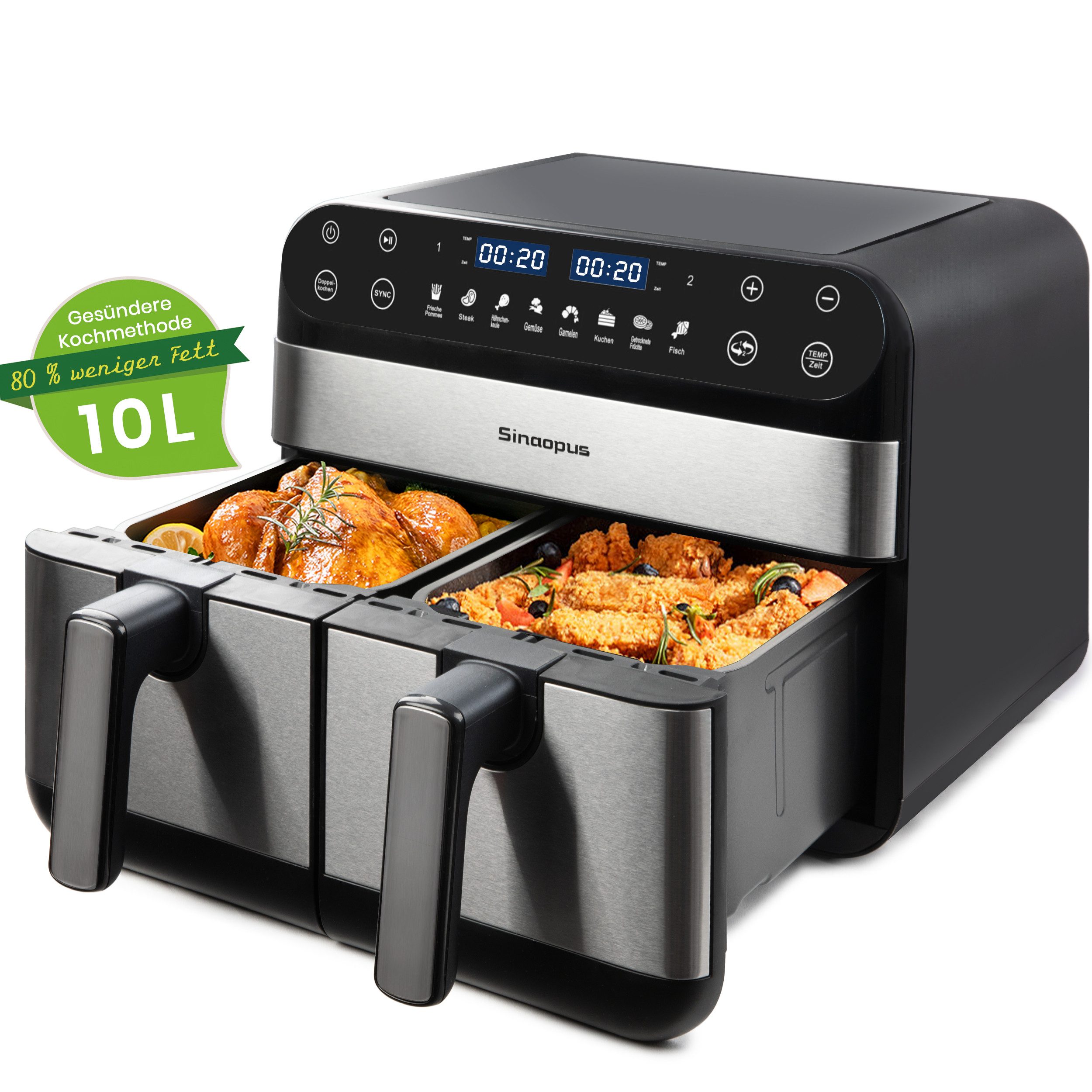 Heißluftfritteuse Air Fryer 10L XXL Doppel Kammer, Dual Zone, weniger Öl