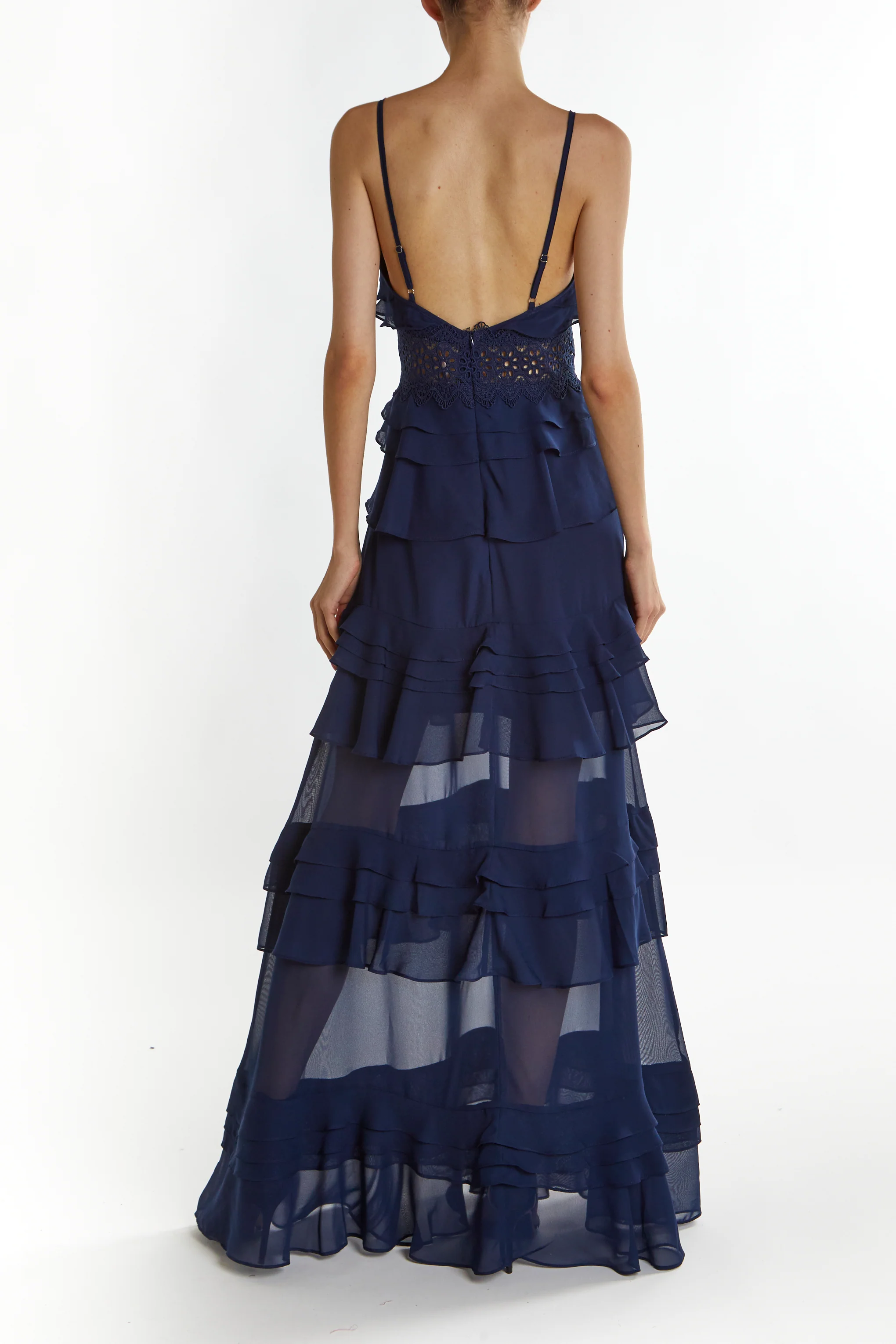 Sophia Navy Deep Plunge Layered Ruffle Maxi Dress