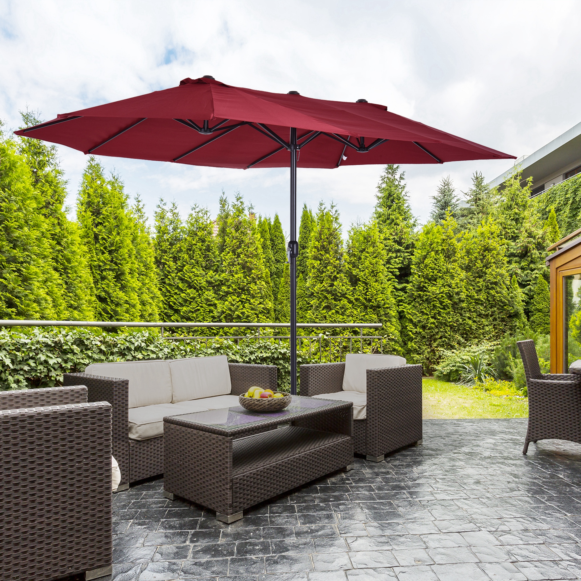Outsunny Doppelsonnenschirm 455 x 270 cm Gartenschirm mit Handkurbel oval stabil Metallstange Marktschirm Doppelsonnenschirm Terrassenschirm Sonnenschutz für Strand Balkon Terrasse Garten Weinrot