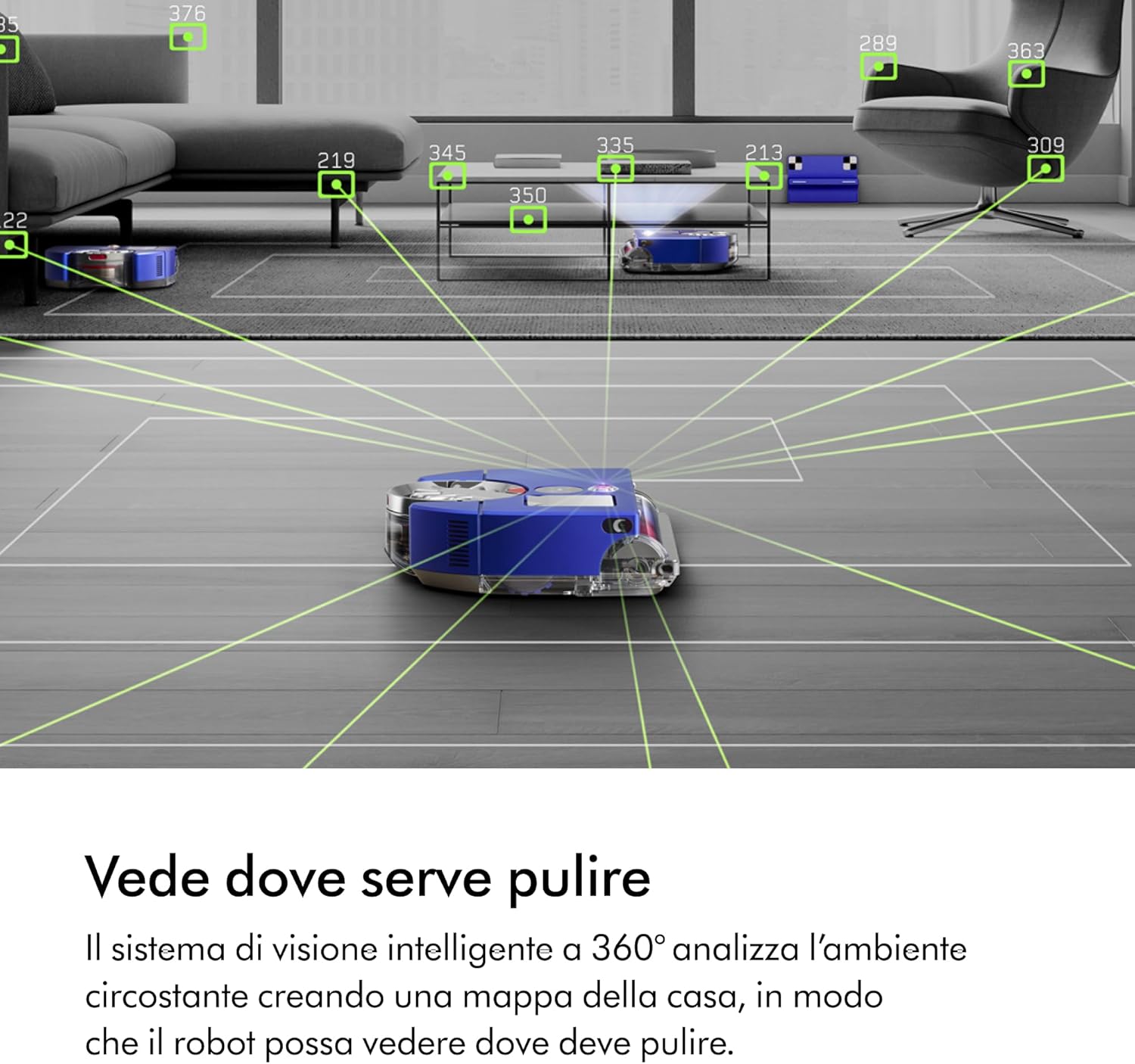 360 Vis Nav™ robot aspirapolvere, spazzola a larghezza completa, progettato per tutti i tipi di pavimento (Blu/Nichel)