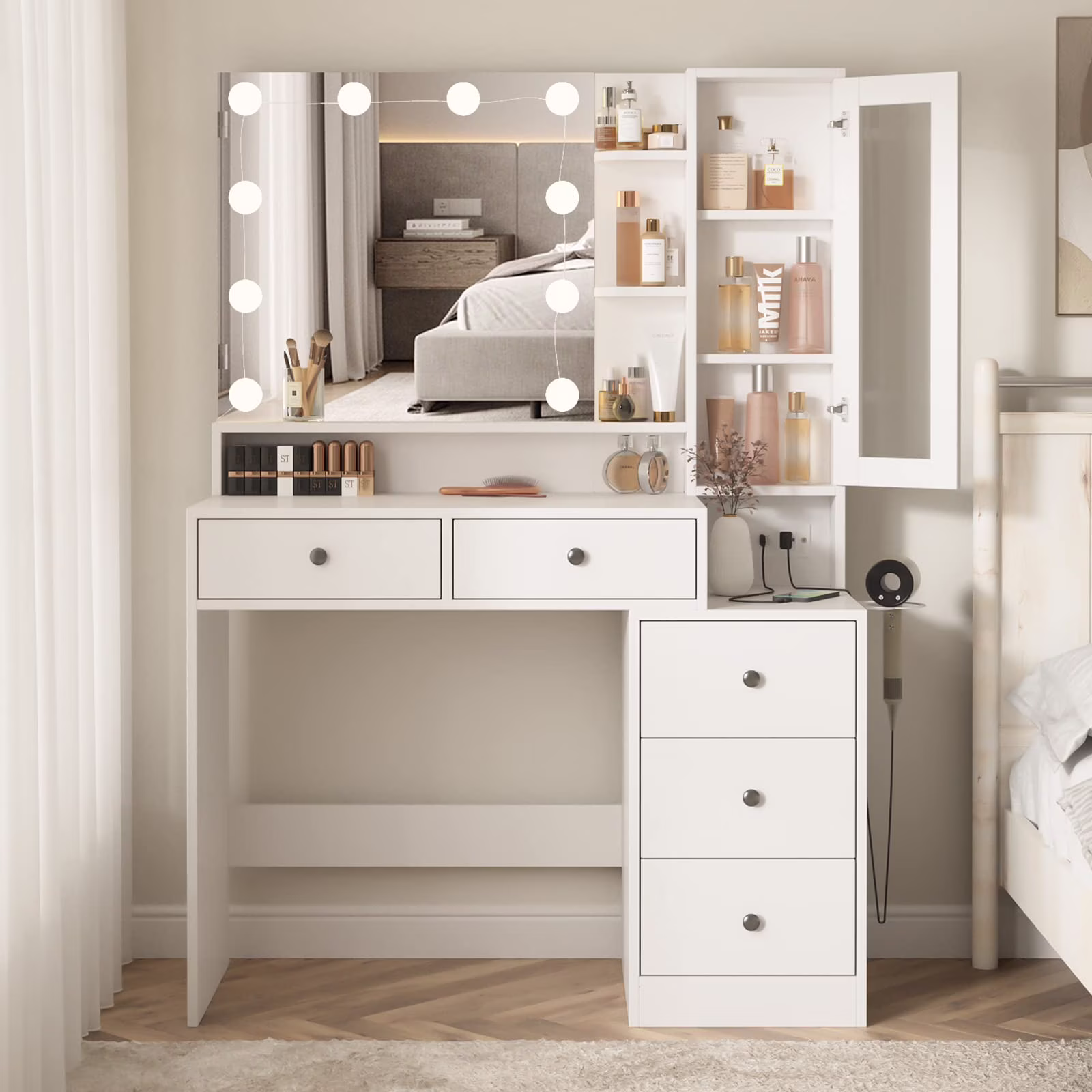 VEANERWOOD Makeup Vanity Desk with Lighted Mirror and Power Strip, Modern Vanity Table with 5 Drawers, White