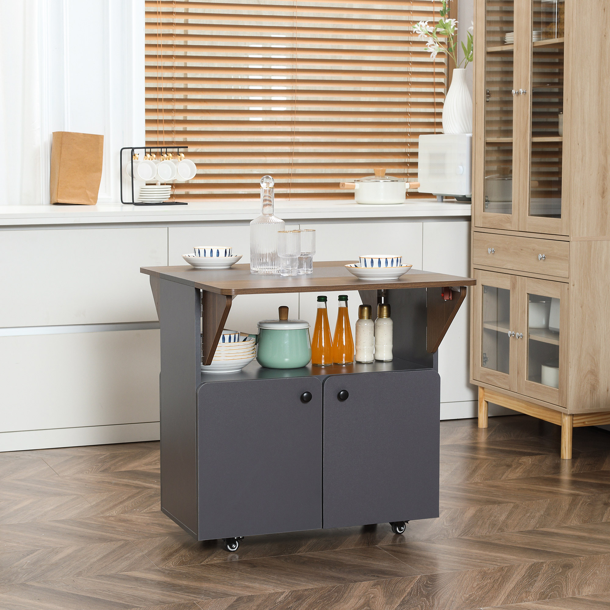HOMCOM Klapptisch Rollschrank, zwei klappbare Tischseiten, Schrankfach, 4 Rollen, Hellgrau+Dunkelbraun, 70 x 83 x 75cm