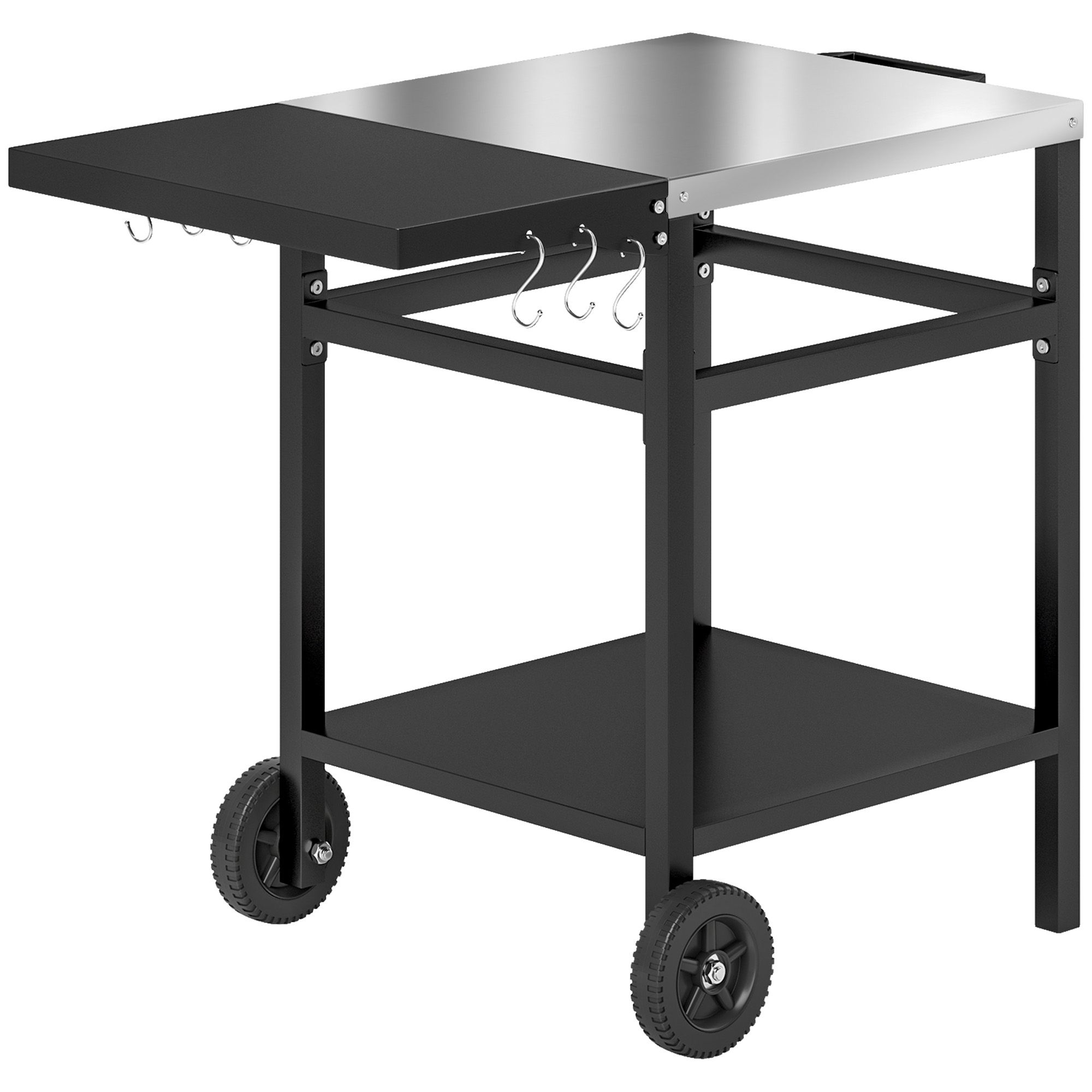 Outsunny Grillwagen mit Edelstahl-Arbeitsplatte und klappbarem Tisch, Rädern und Haken, 91x58x76 cm, Schwarz