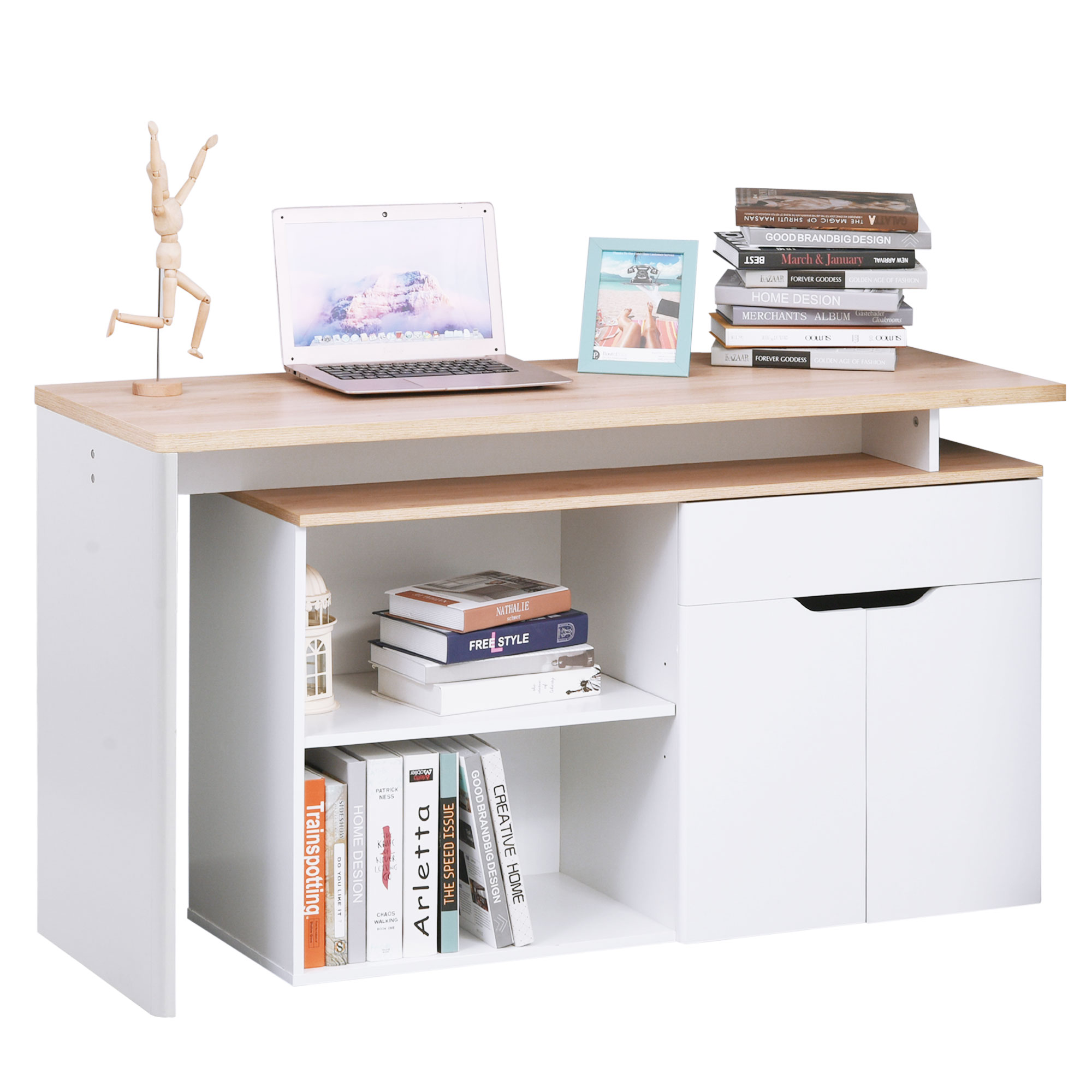 HOMCOM Multifunktionaler Computertisch mit viel Stauraum Doppeltes Fach + Schublade und Schrank aus Holz
