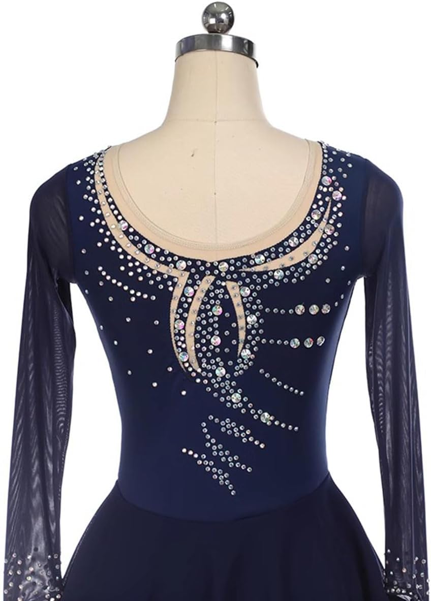purpleq Eiskunstlauf Kleid Damen Eislaufen Rollschuh Kleid Langarm Mesh Glitzer Ballettkleid Tanzkleid Bekleidung Gymnastik Leotard Turnanzug Tanzkostüm Ballettkleid Eisllaufkleid