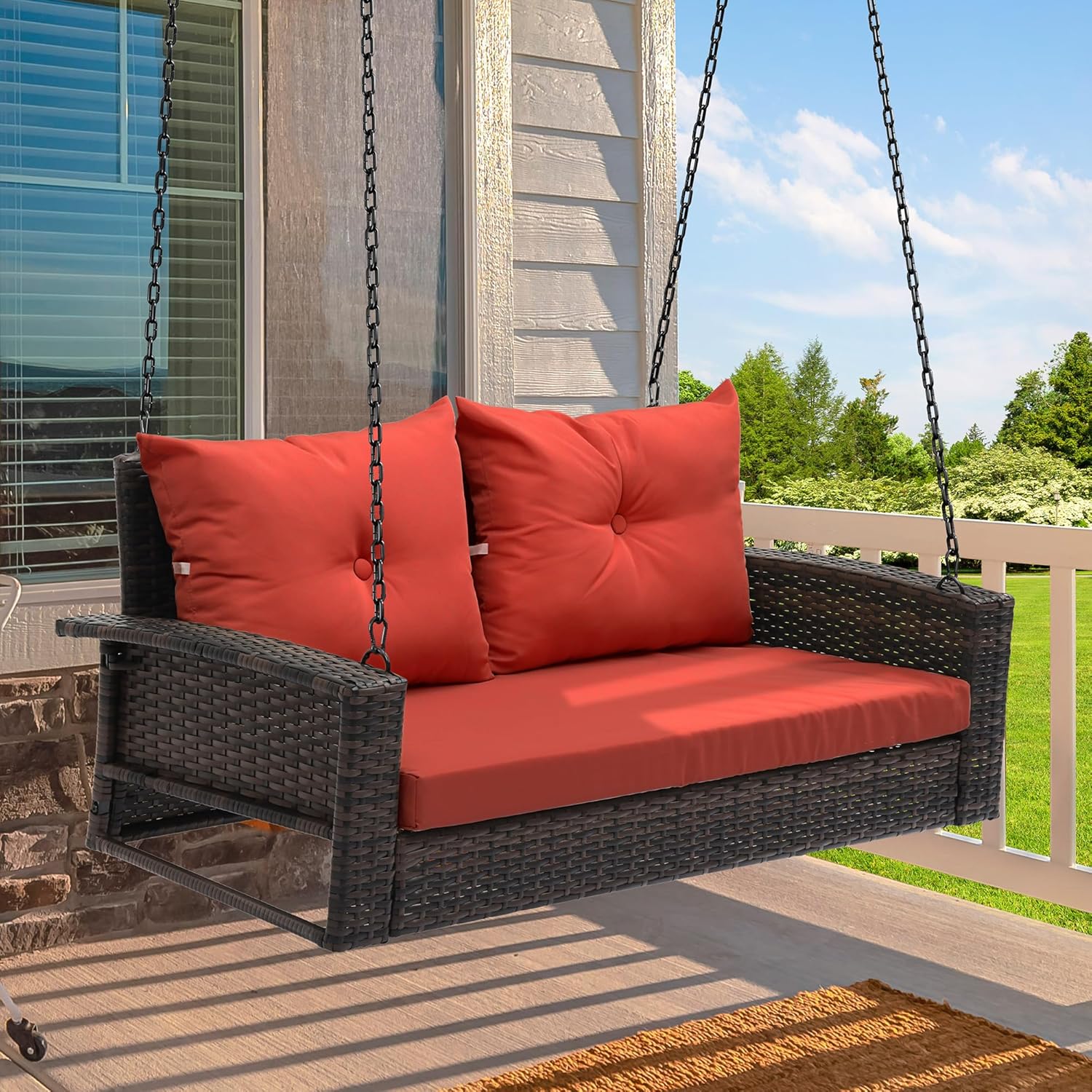 YITAHOME Hanging Porch Swing Chair Sits 3 People. Wicker Outdoor Swing Bench. Patio Lounge Chair. 1 Seating Cushion and 3 Back Cushions. w/Removable Covers. for Garden. Balcony. Backyard. Brown