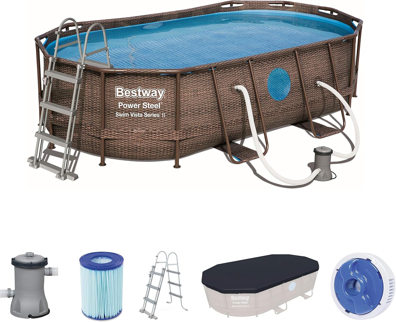 BESTWAY - Piscina Desmontable Tubular Power Steel 427x250x100 cm Depuradora Cartucho 2.006 l/h Escalera y Cobertor Diseño Rattan