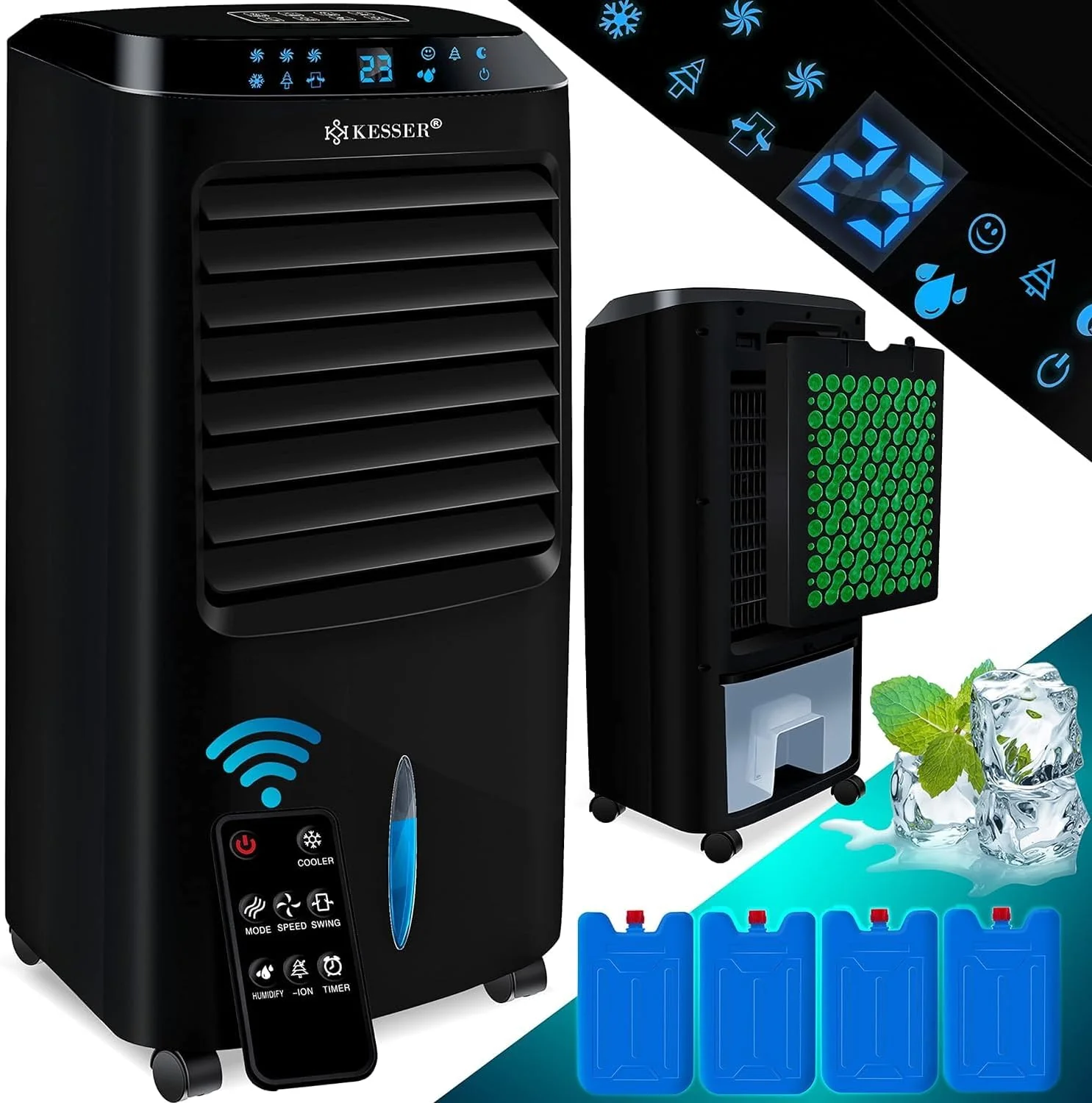 KESSER 4-in-1 Mobiele Airco | Afstandsbediening | Klimaatregelaar | Ventilator Airconditioning | Timer | 3 Niveaus | Ionisator Luchtbevochtiger | Luchtkoeler |