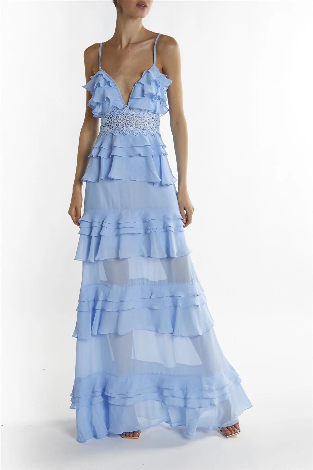 Sky Blue Sophia Plunge Front Tiered Ruffle Maxi Dress