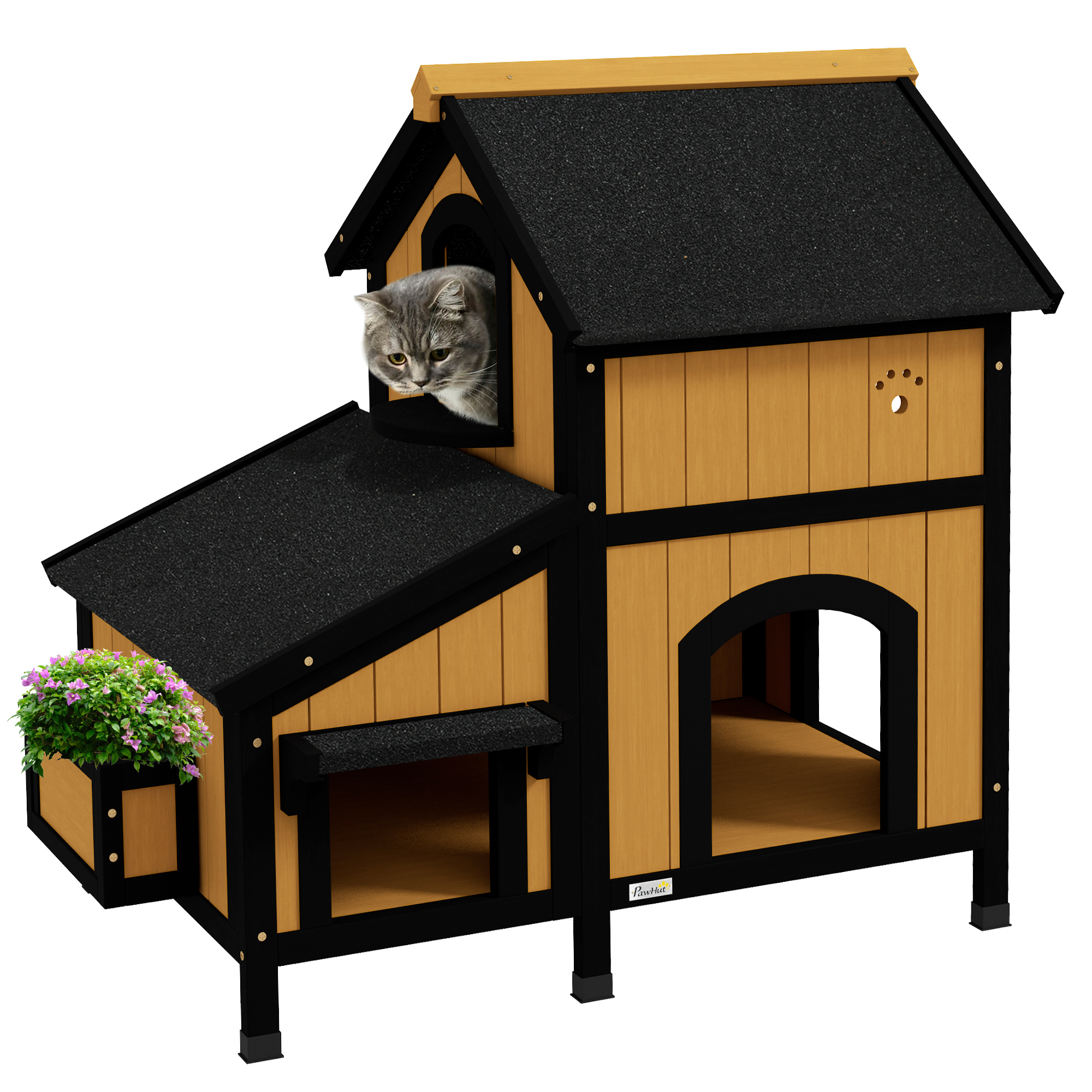 Kattenhuis Kattenhut Kattenhol, inclusief bloembak, 96 cm x 65 cm x 85,5 cm, Geel + Wit + Zwart