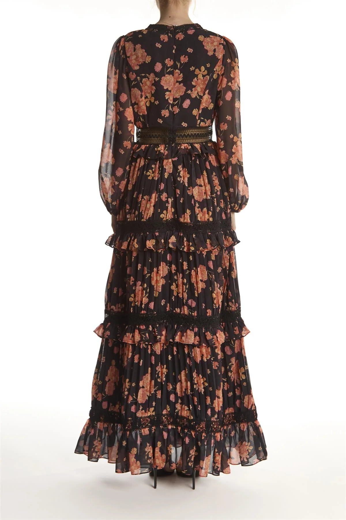 Black Flower Chiffon V-neck Maxi-Dress