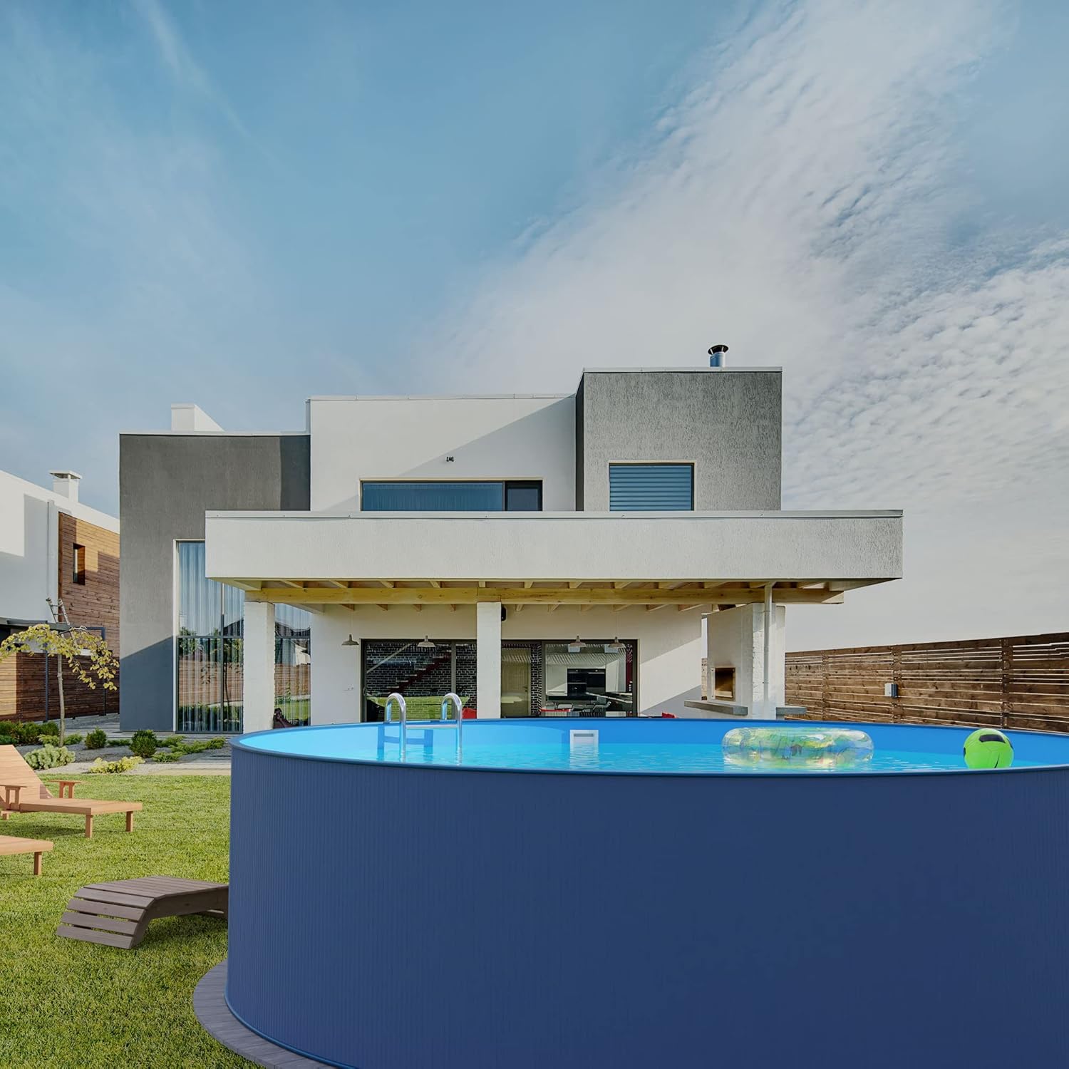 Planet Pool Stahlwandpool Set (5-teilig) rund 350x120 cm, Stahl 0,4 mm anthrazit, Folie 0,4 mm blau, Einhängebiese